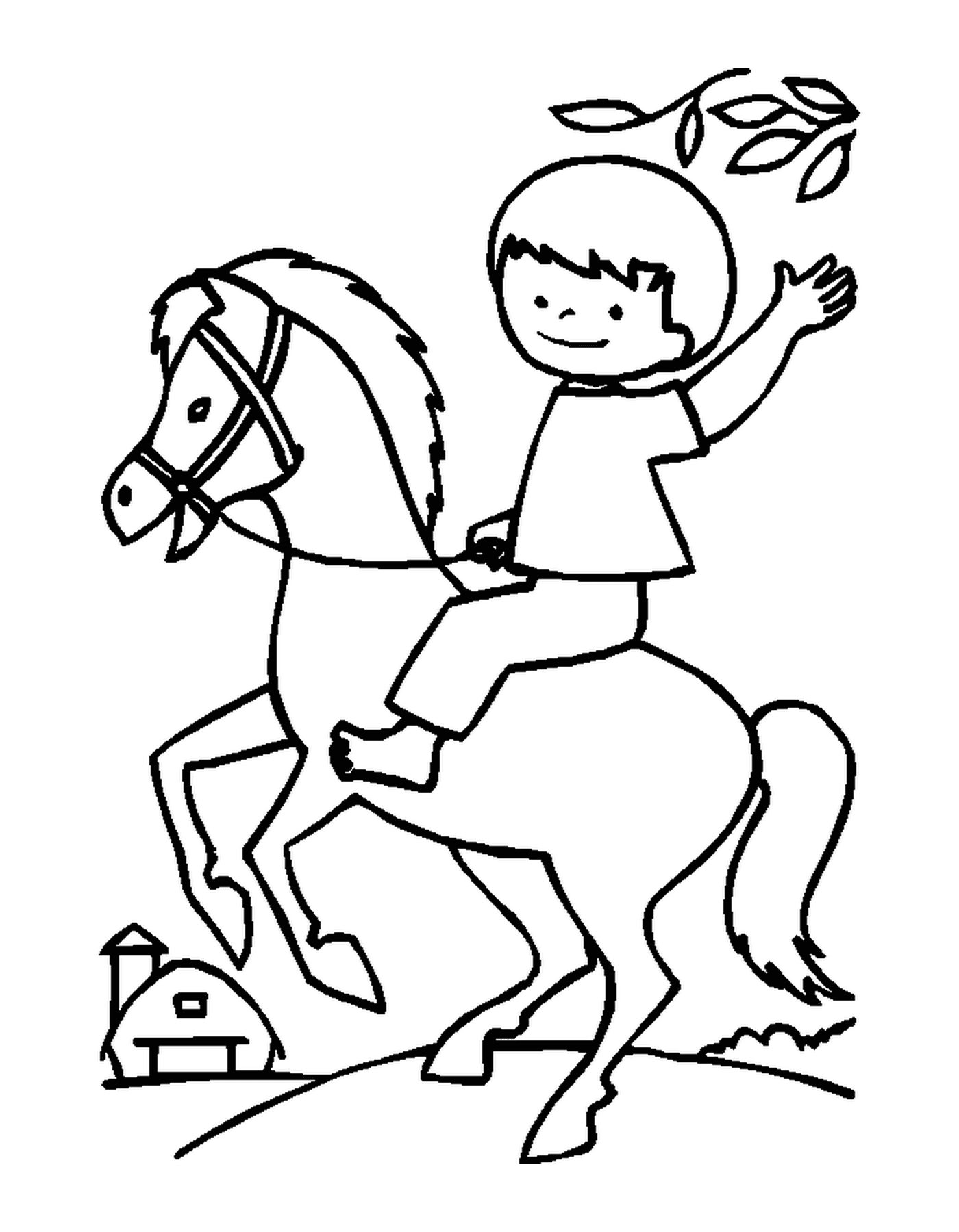  Criança montando seu cavalo feliz segurando as rédeas 