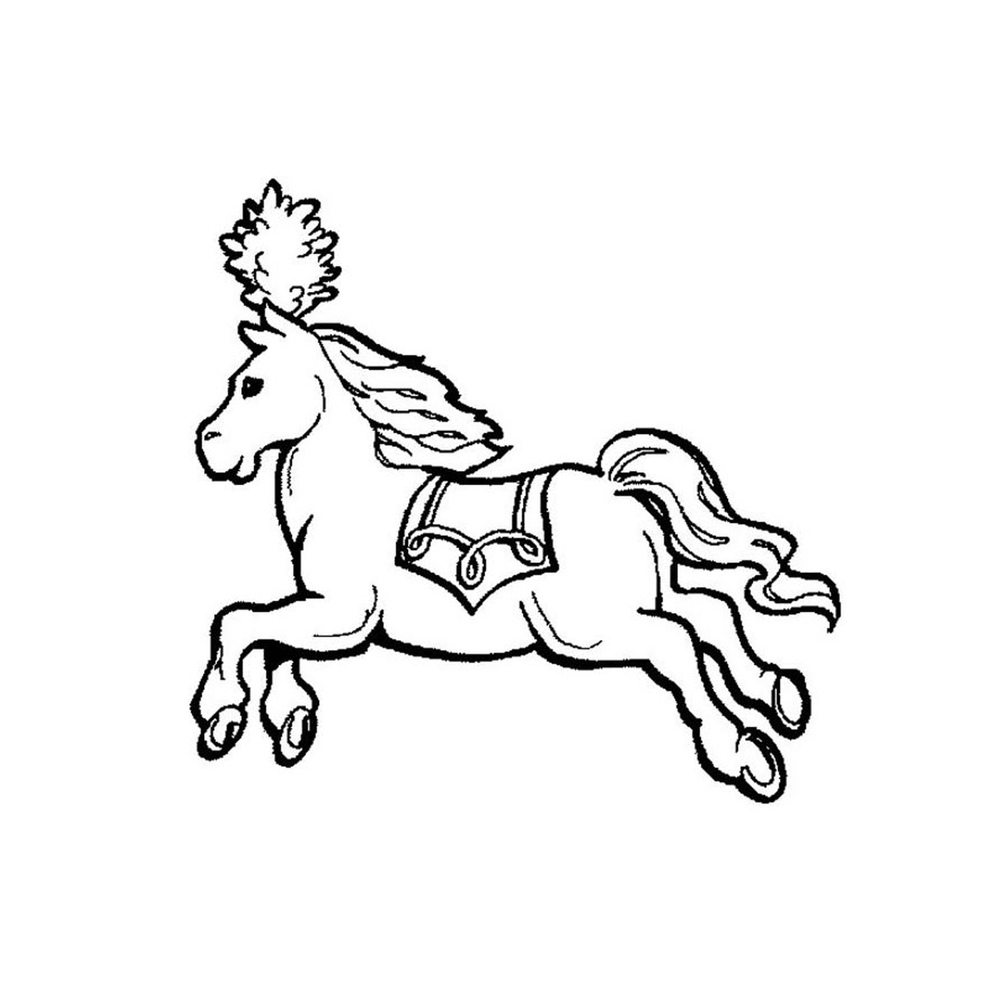  Um cavalo com um arnês nas costas 