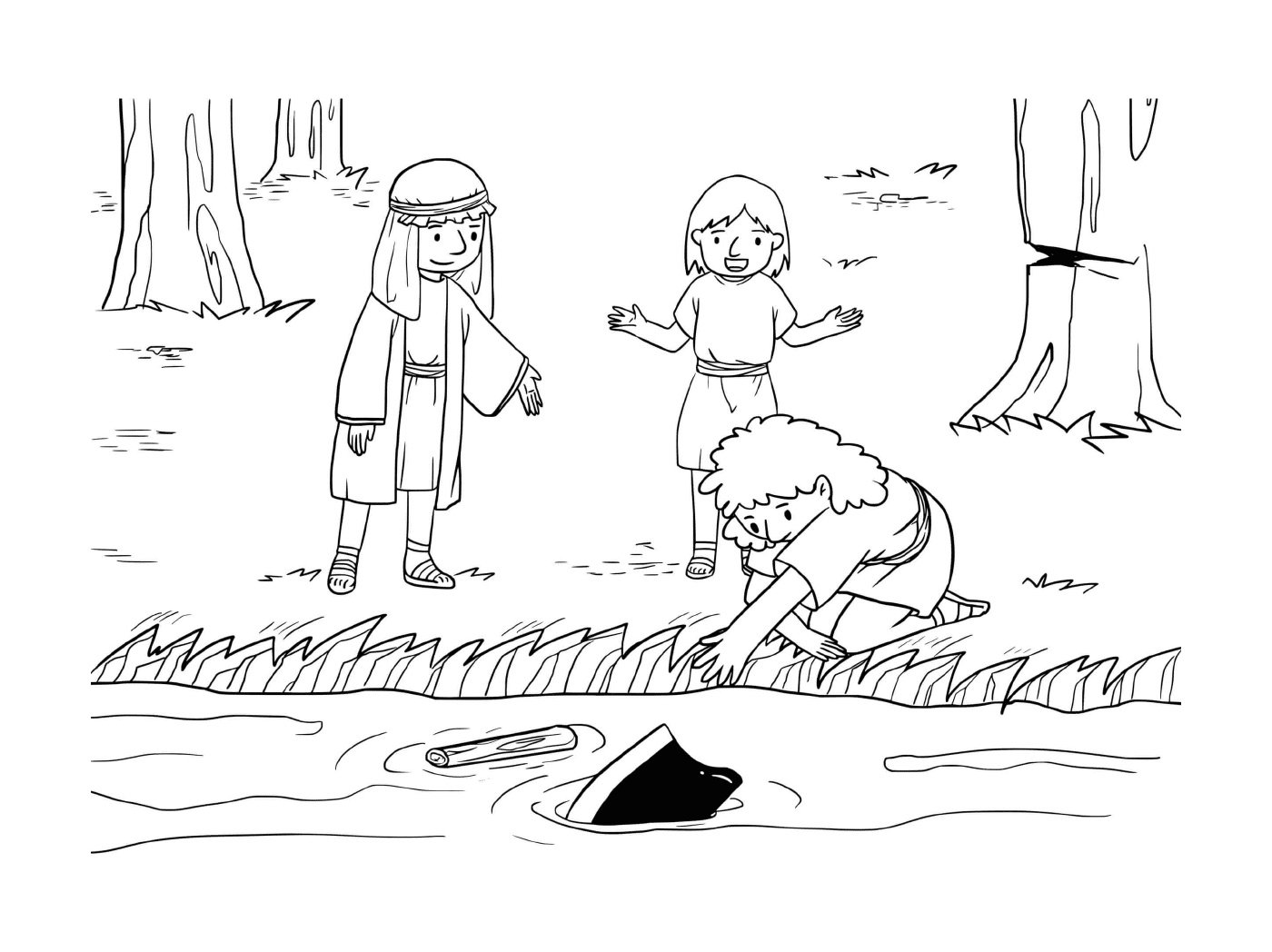  男孩和女孩在池塘里玩耍 