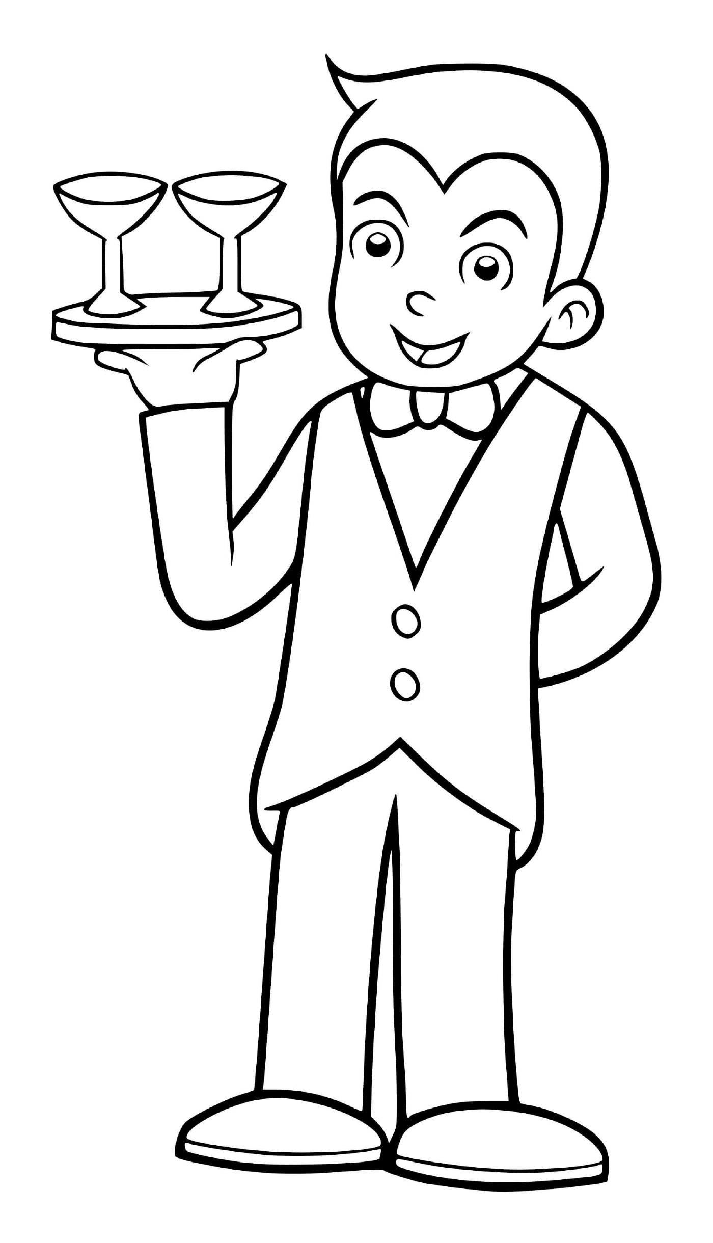  一个男孩假装做餐厅服务员 