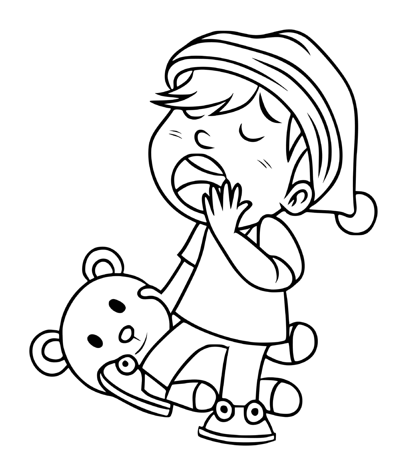  一个孩子推着她泰迪熊睡着 紧紧地拉紧她的泰迪熊 