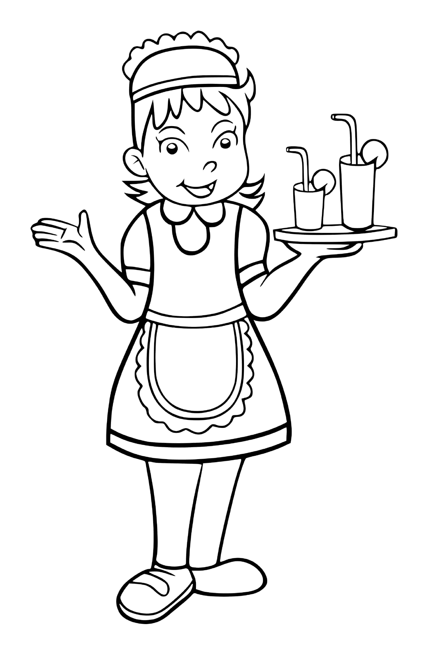  一个女孩在一家大餐馆装扮成女服务员 