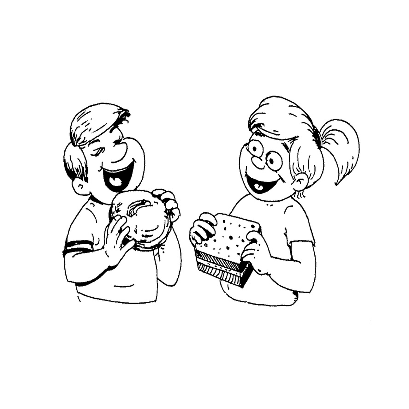  一个男孩和一个女孩吃一个零食三明治 