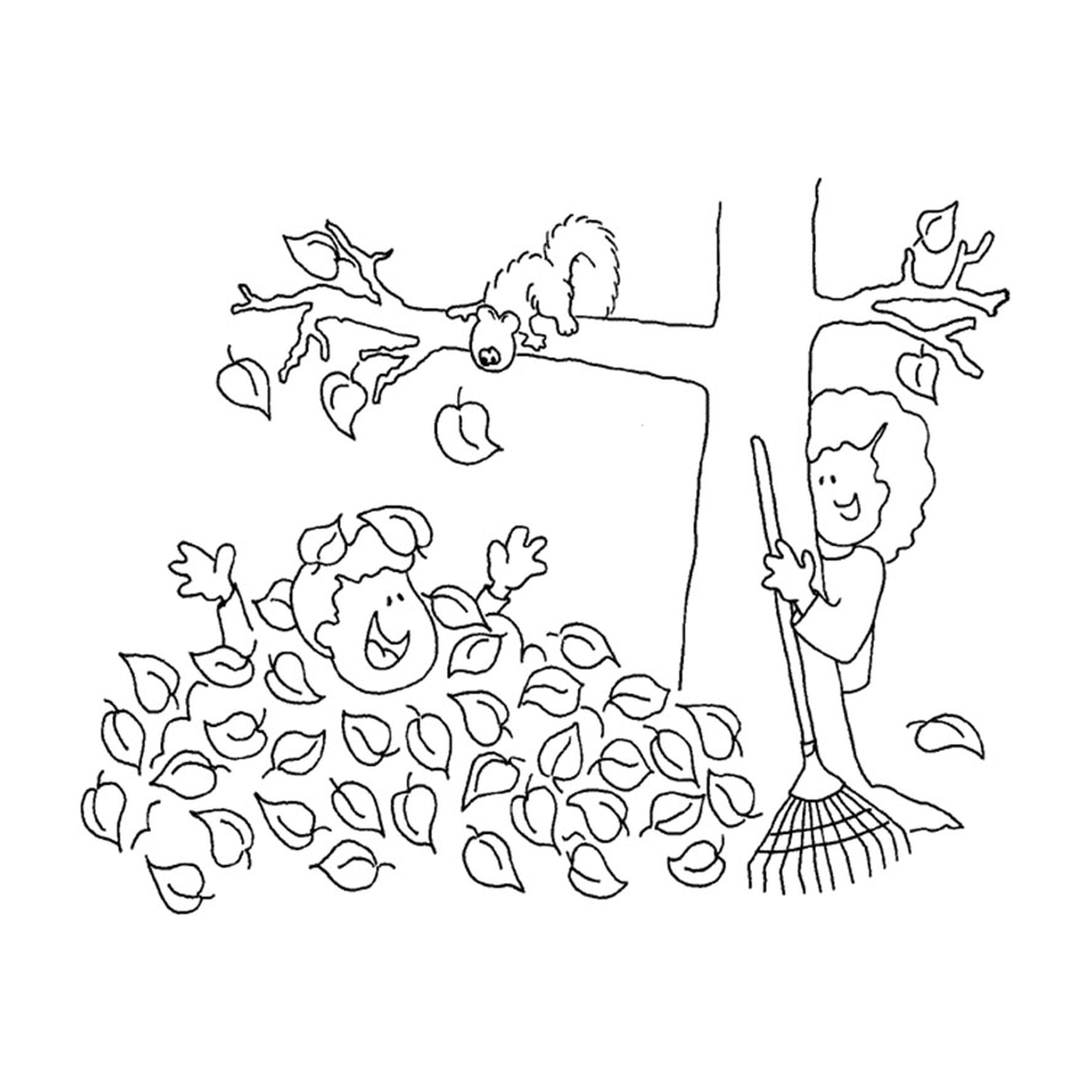  Um menino e um esquilo brincam nas folhas mortas 