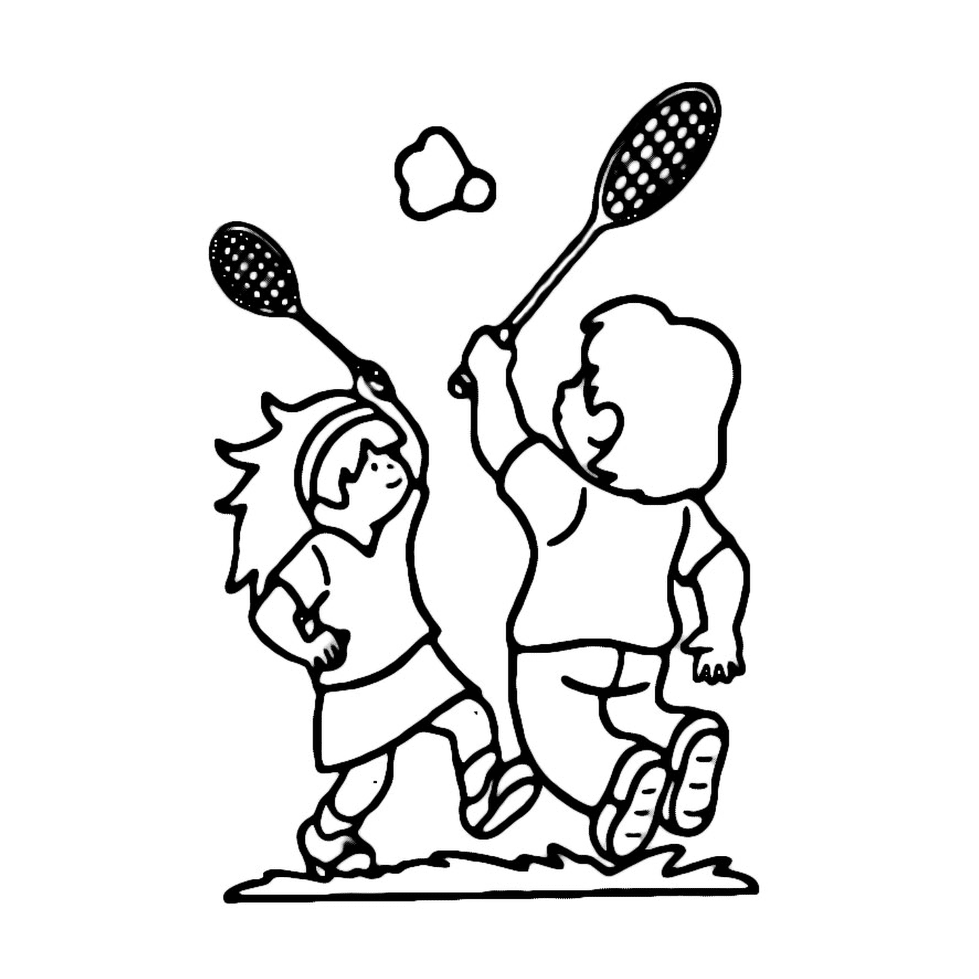  两个孩子在一个田里玩羽毛球 
