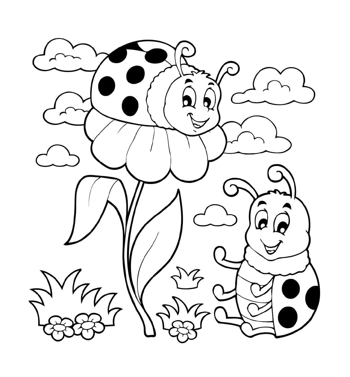  Ladybug com flores, fácil de desenhar 