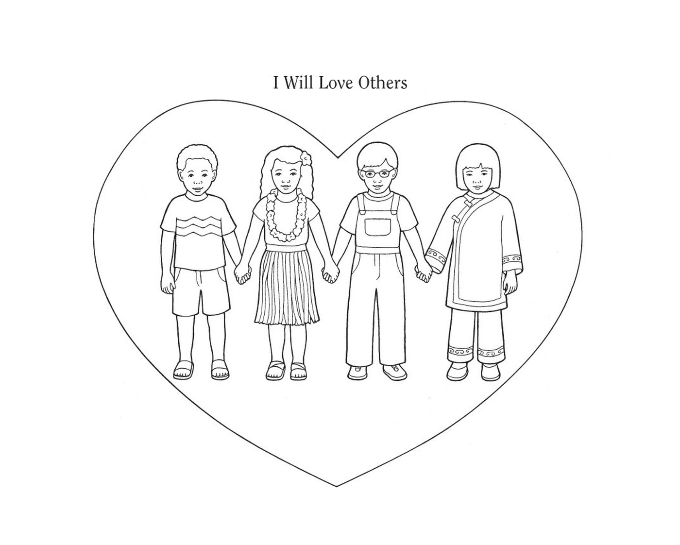  Quatro crianças de mãos dadas na frente de um coração 