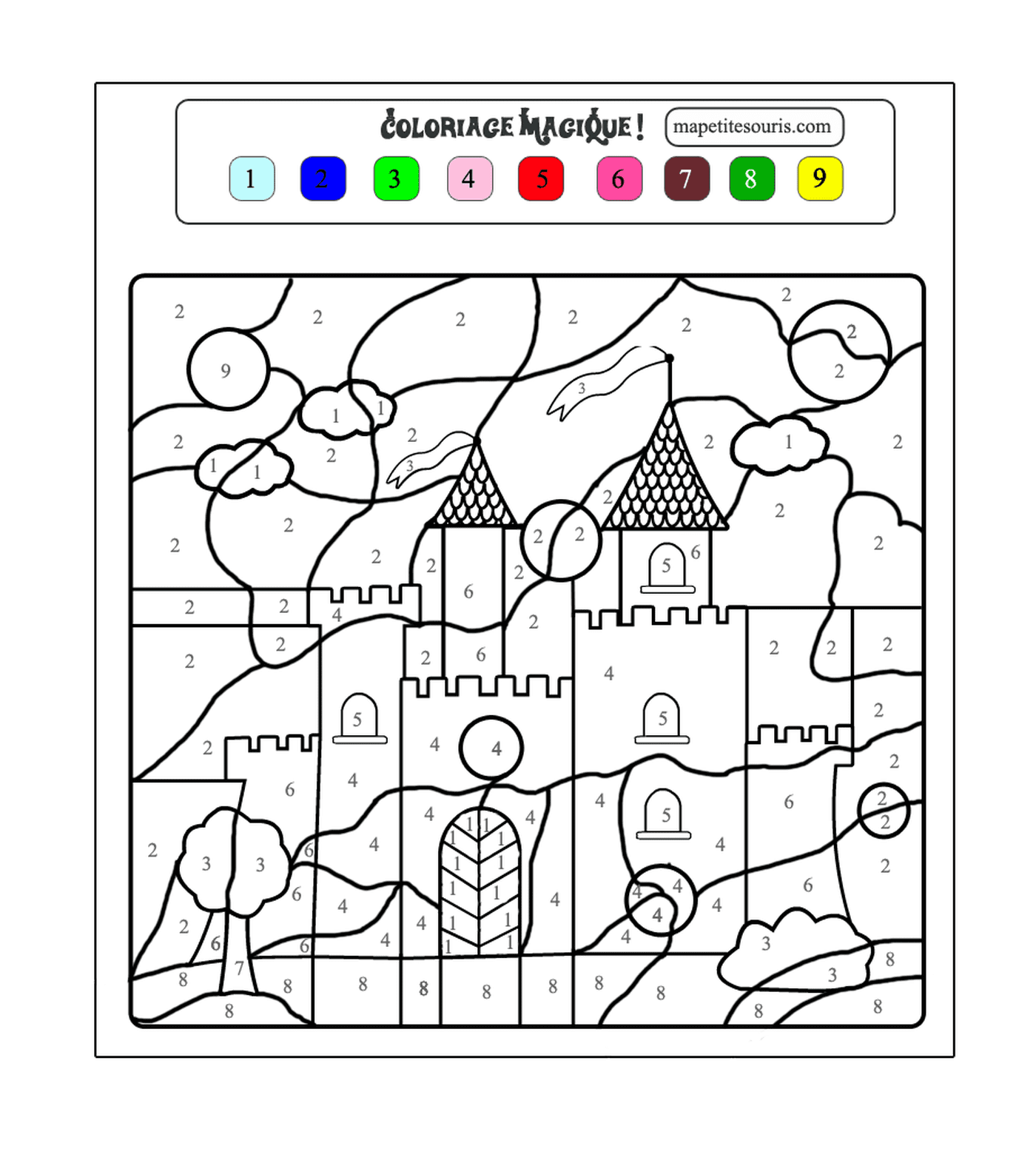 Folha de exercício de colorir número para crianças com um castelo 