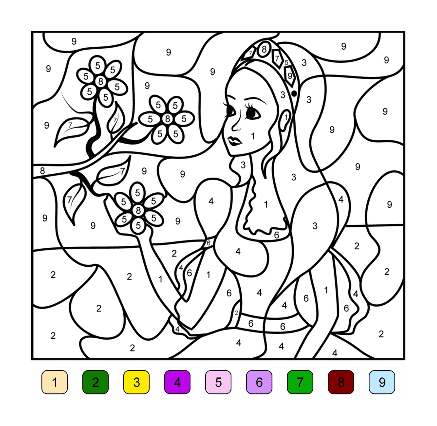 一位有一束花花的女士 彩色按数字排列 