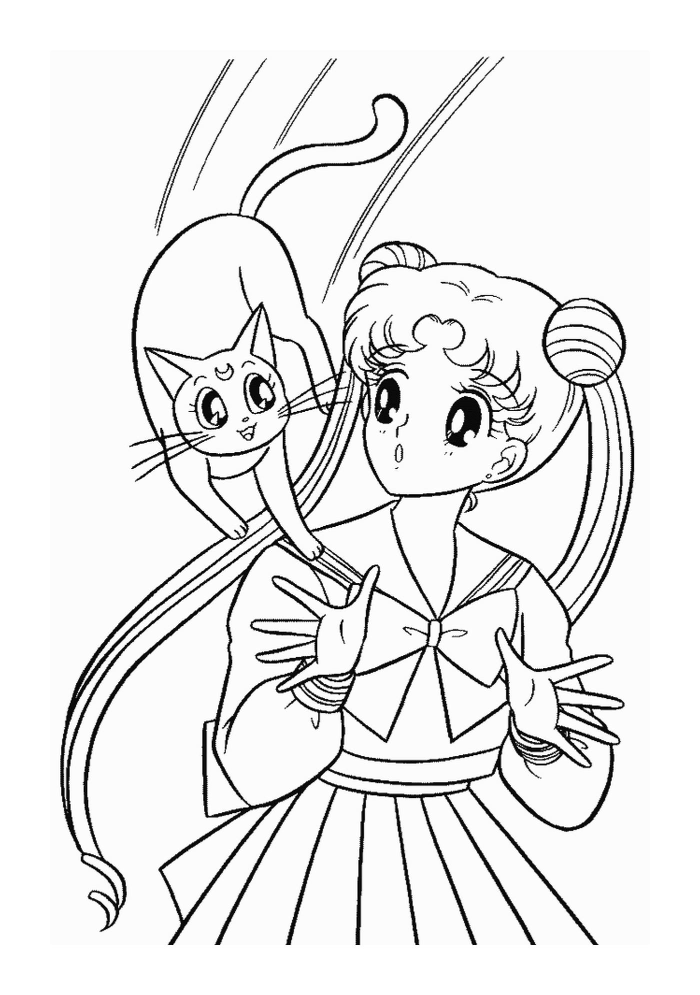  Um personagem de Sailor Moon e um gato 