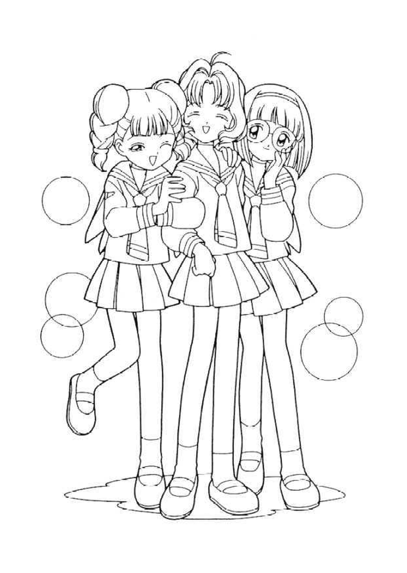  Um grupo de três meninas de pé lado a lado 