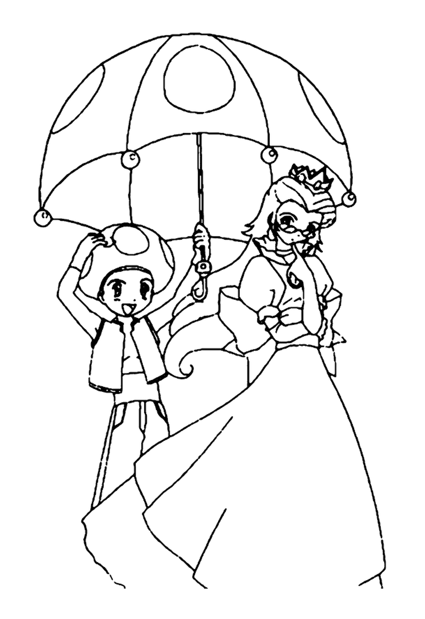  A princesa e o sapo, uma mulher idosa segurando um guarda-chuva e um menino segurando um guarda-chuva 
