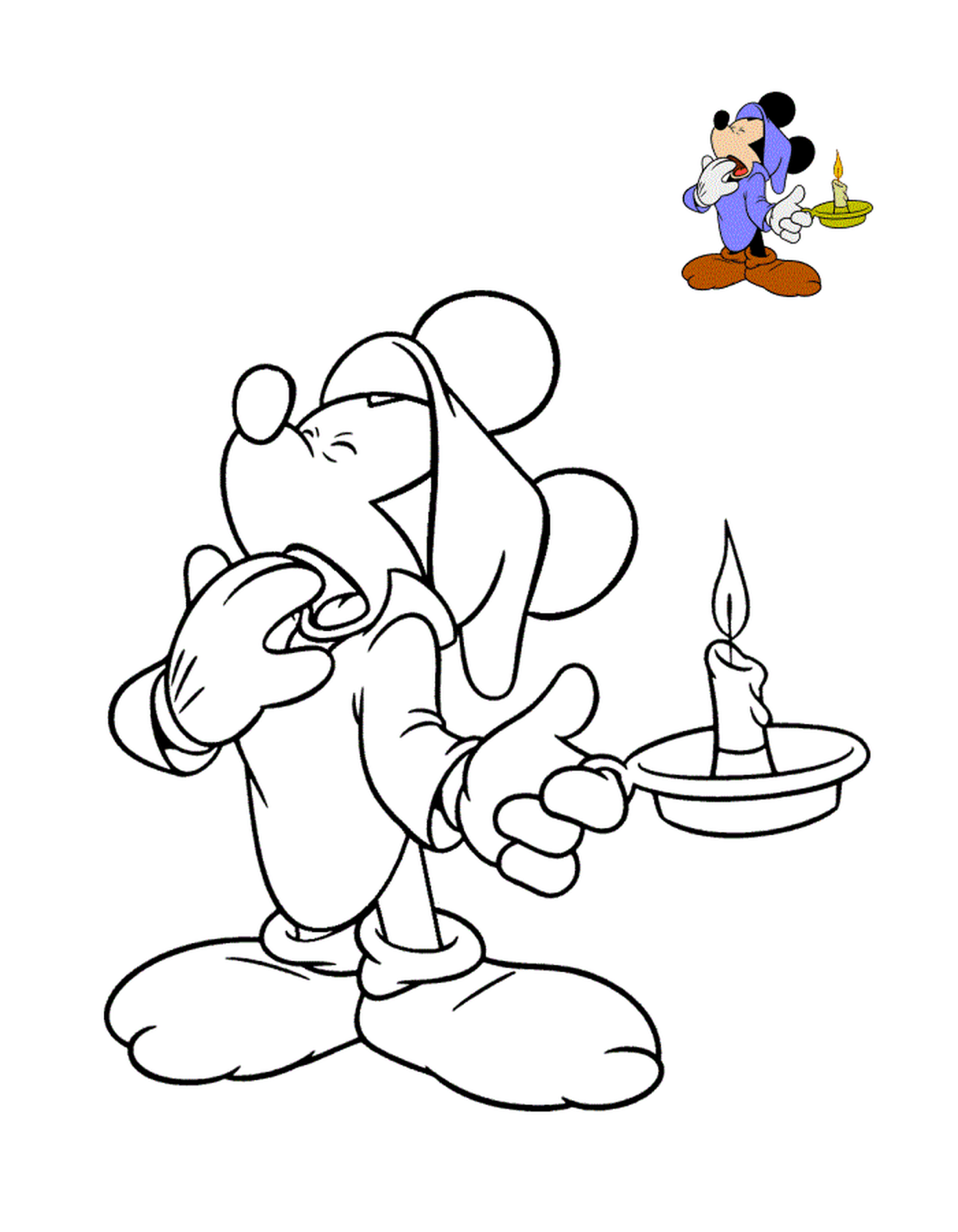  Mickey quer dormir, segurando uma vela 