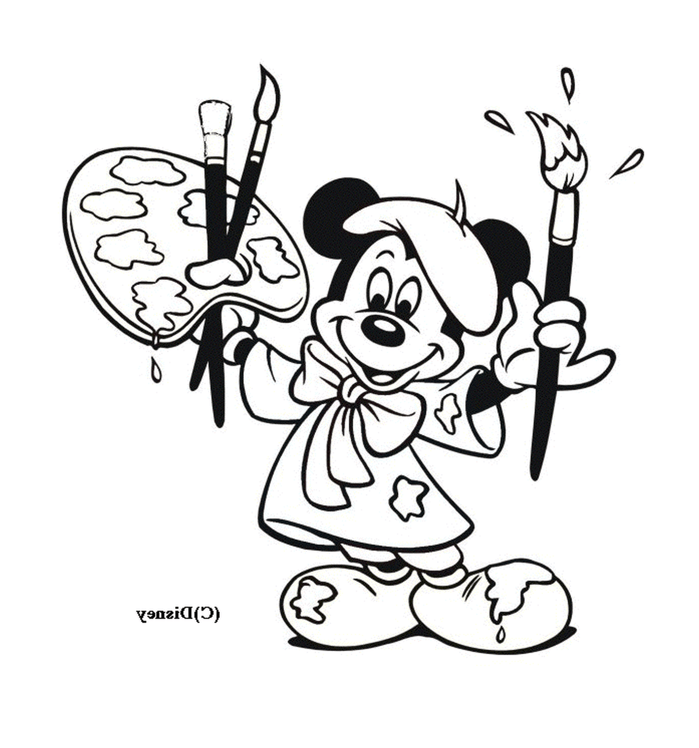  Mickey é um pintor: segurando pincéis e um cavalete 