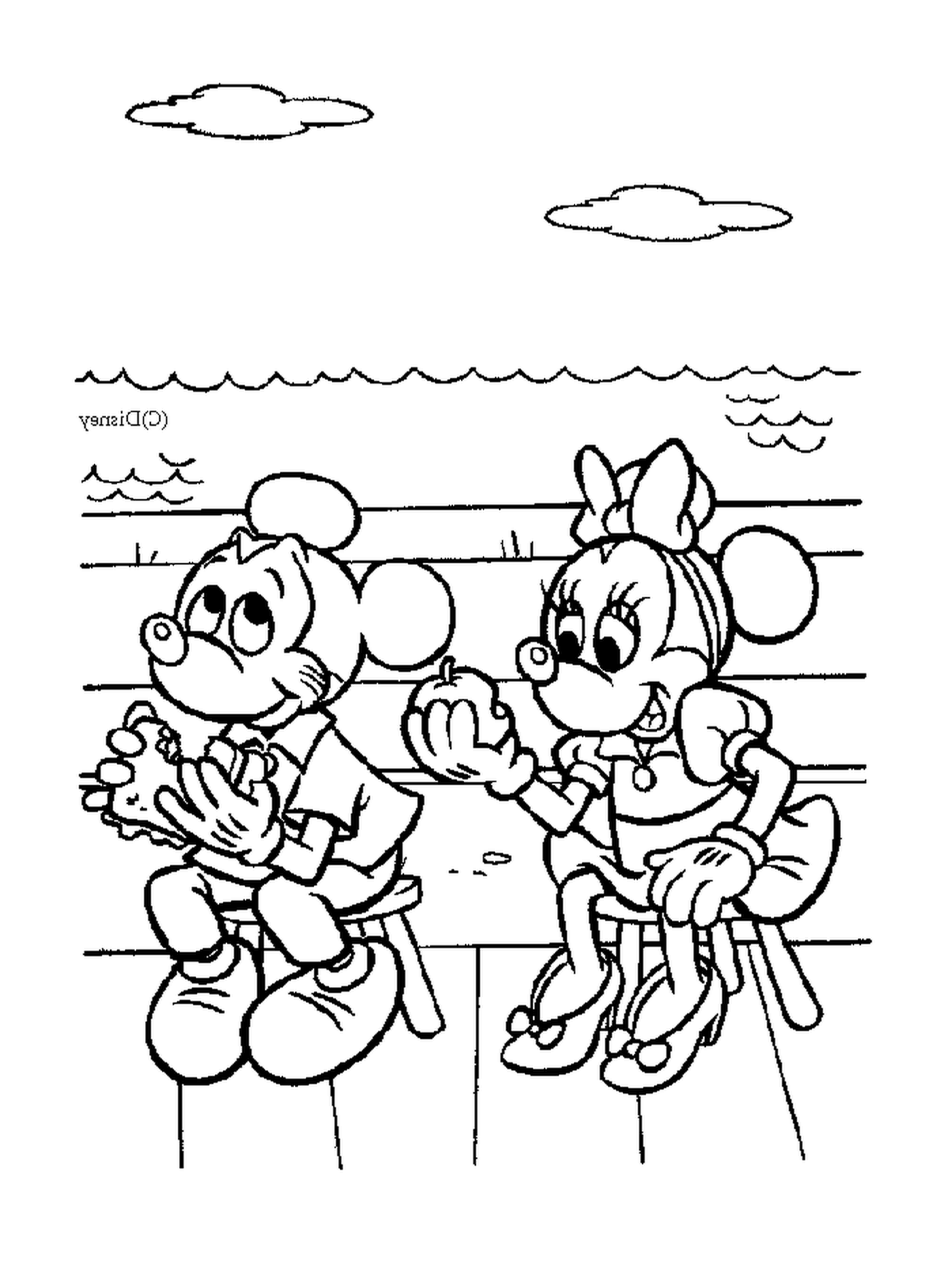  Mickey e Minnie comem: sentado em um banco 