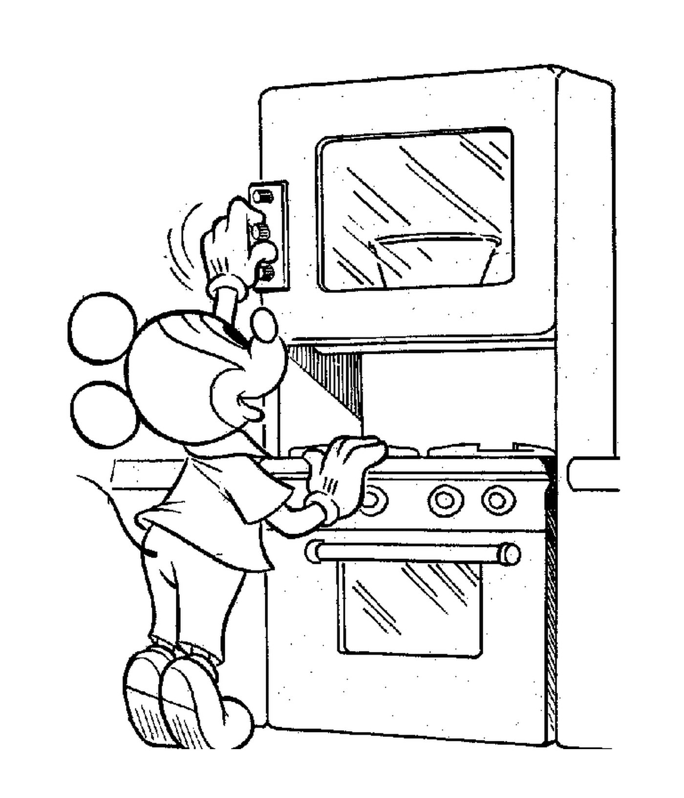  Mickey acende seu forno: personagem de desenho animado cozinhando em uma cozinha 
