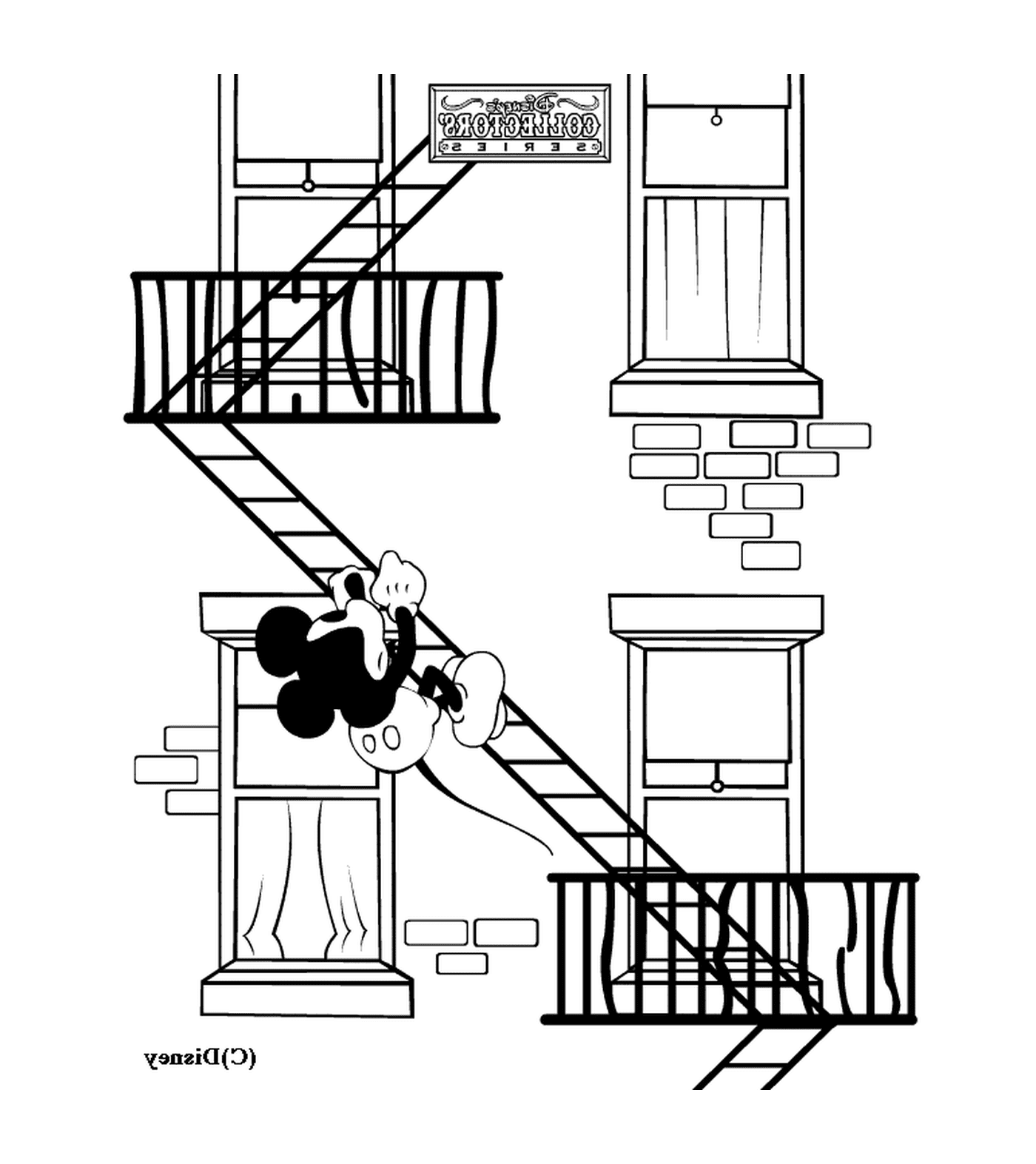  Mickey在紧急楼梯上: 紧急梯子和一个正在倒下的男人 