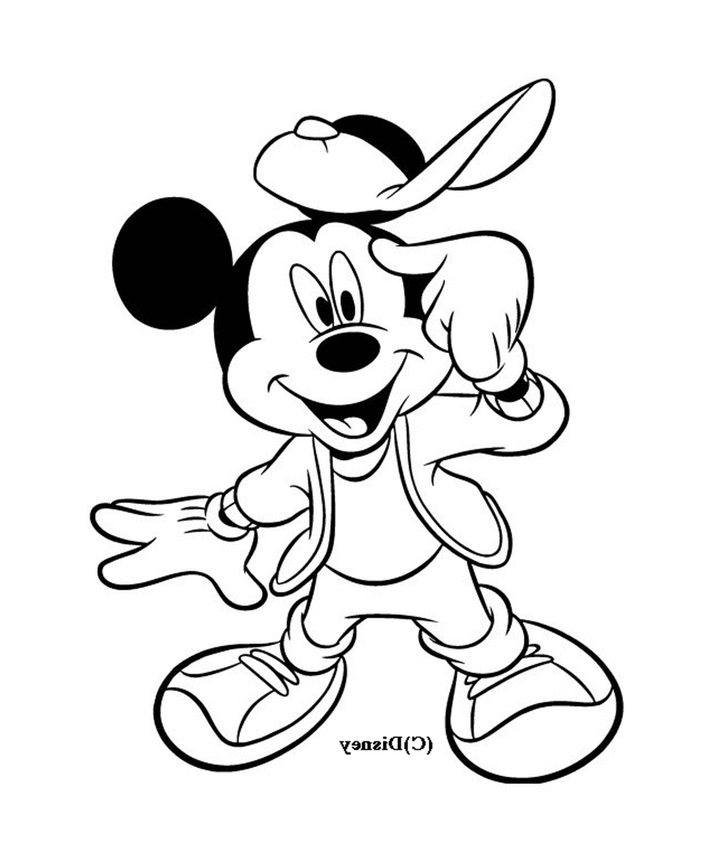  Mickey é legal: usar um boné de beisebol e uma jaqueta 