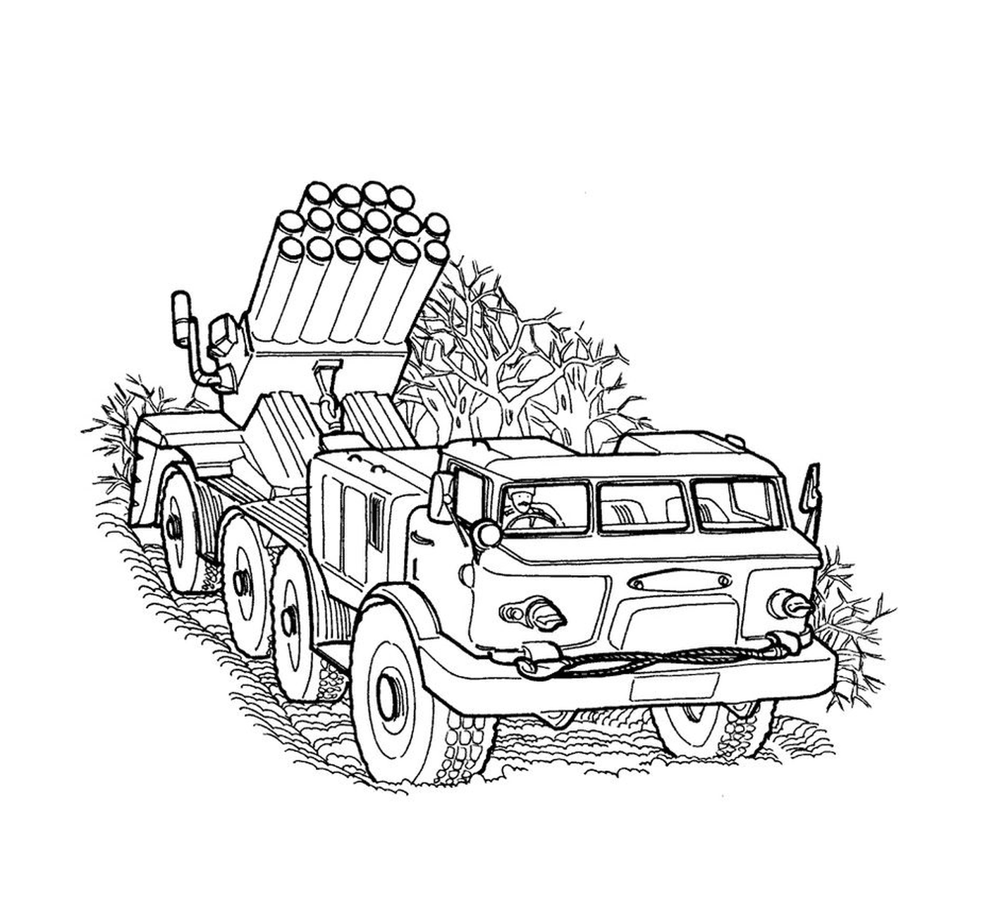  Veículo militar: um caminhão velho com um lançador de foguetes 