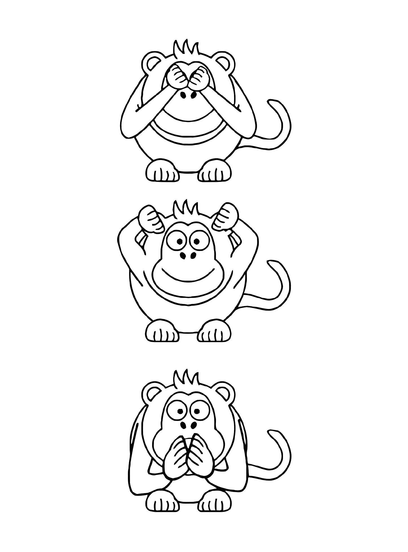  तीन बंदर अलग - अलग अभिव्यक्‍तियों के साथ 