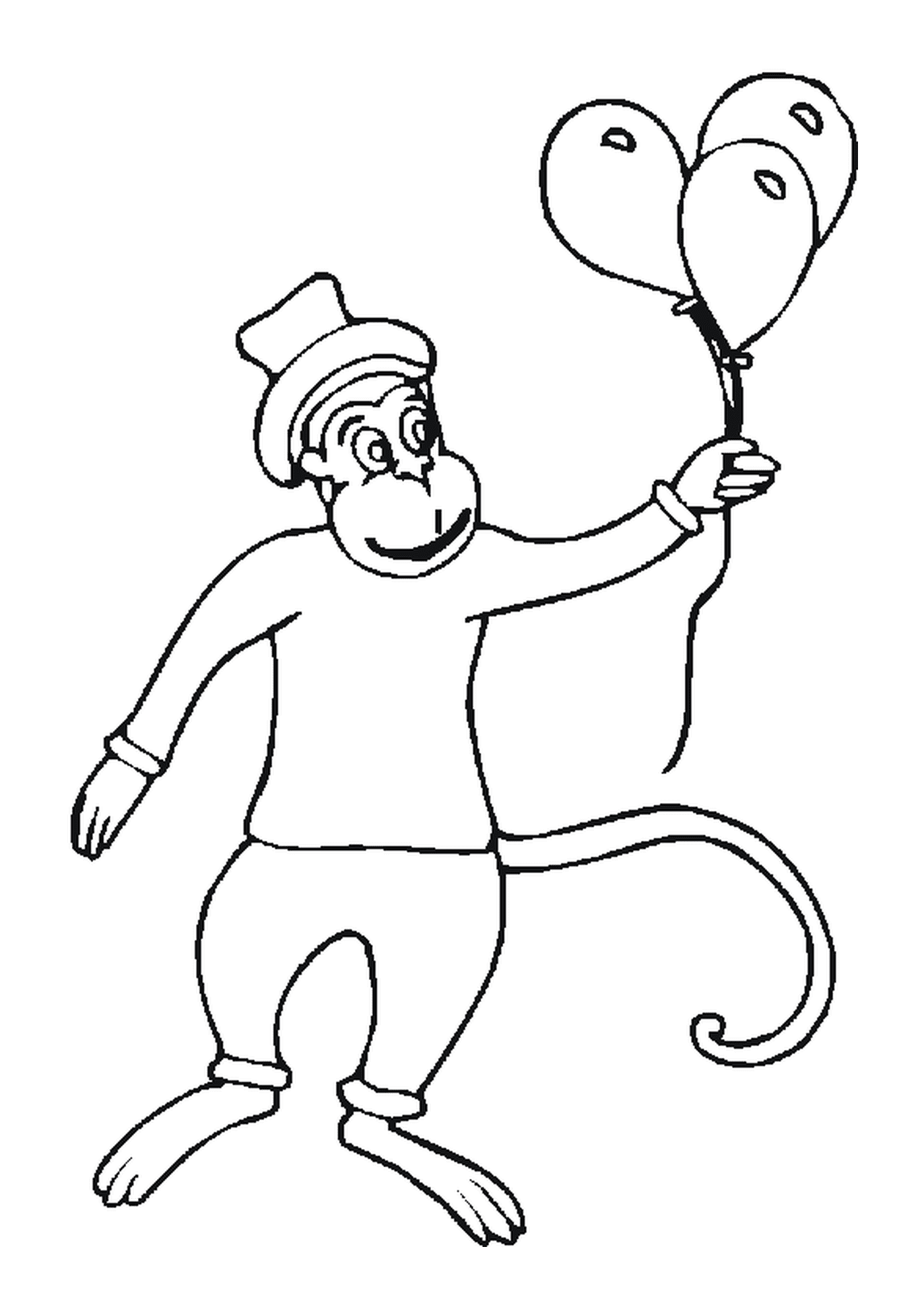  带气球和帽子的猴子 