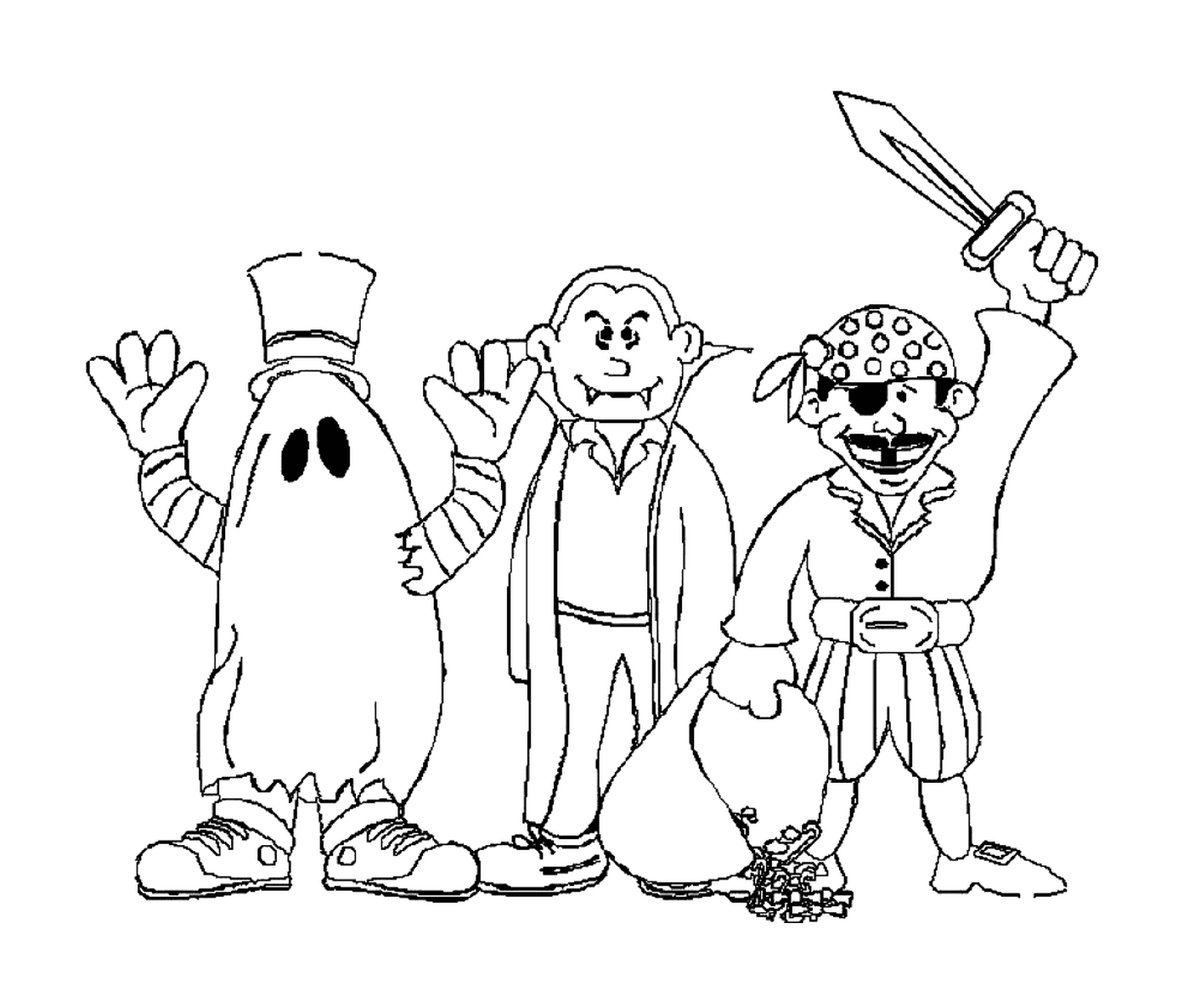  Três monstros de Halloween piratas fantasmas 