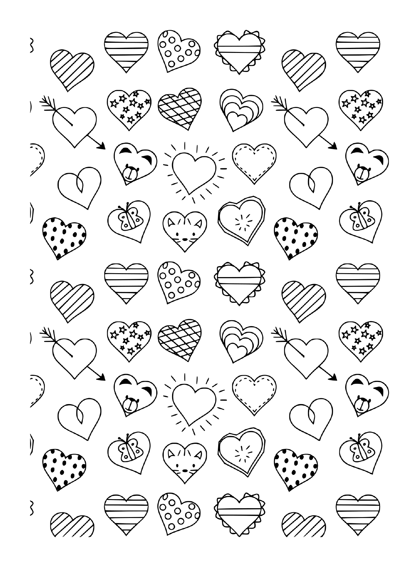  Um padrão preto e branco de diferentes corações e flechas 