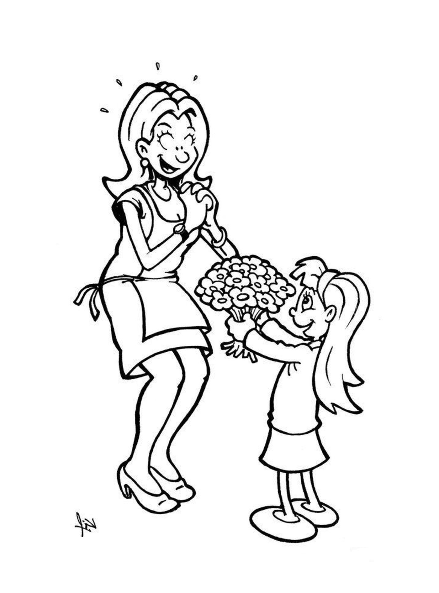  Um adulto e uma menina segurando flores 