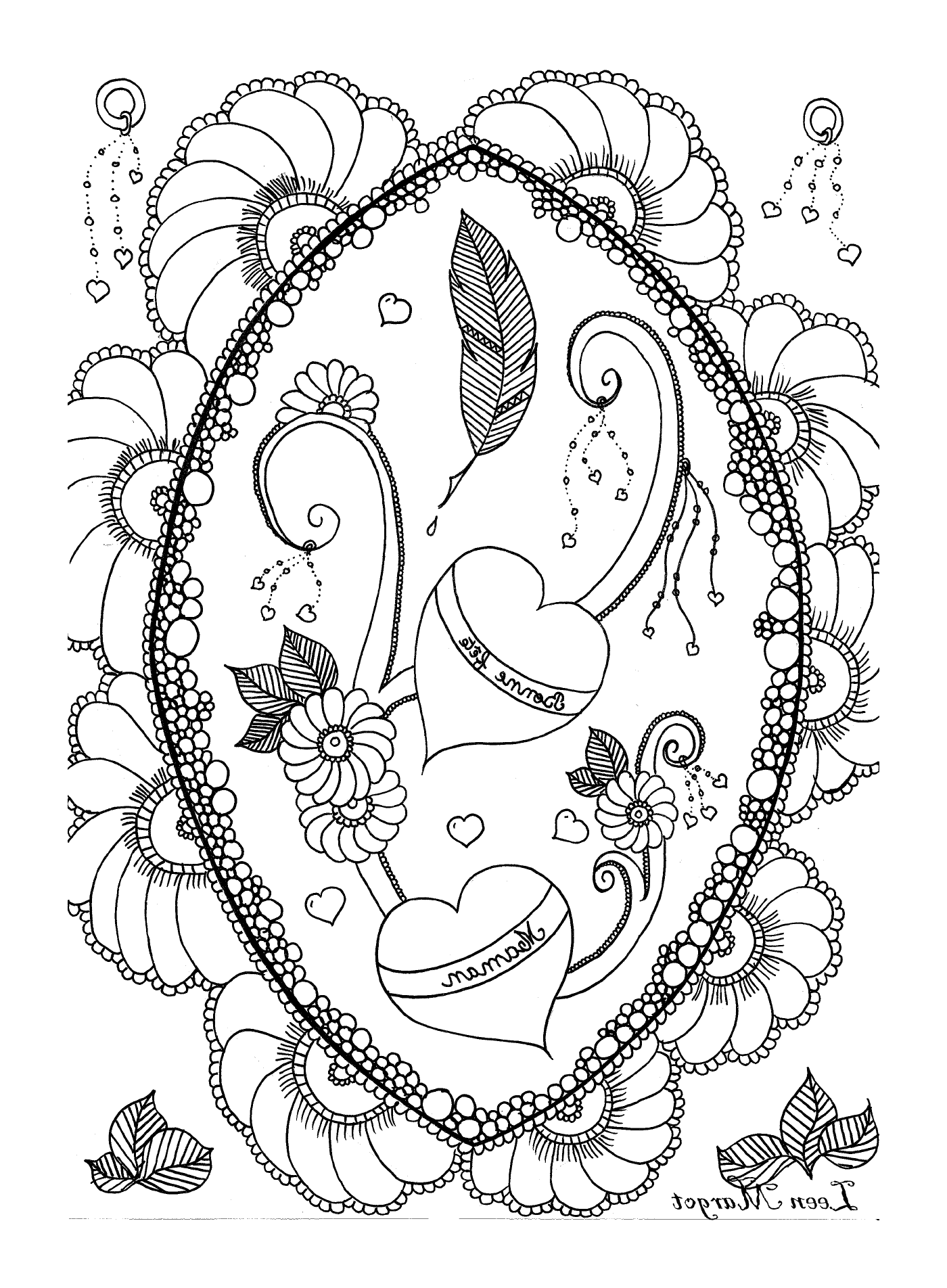  Um quadro oval com dois corações, uma pena e flores 