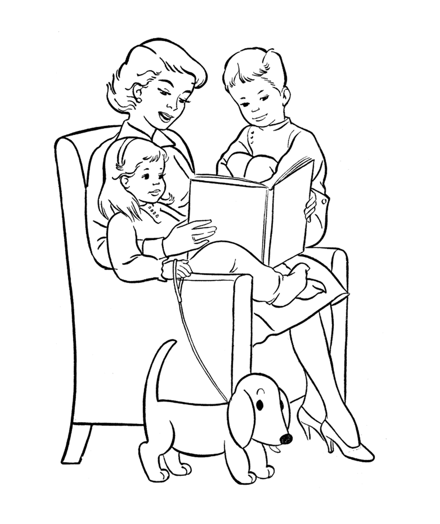  Uma mulher lendo um livro com dois filhos 