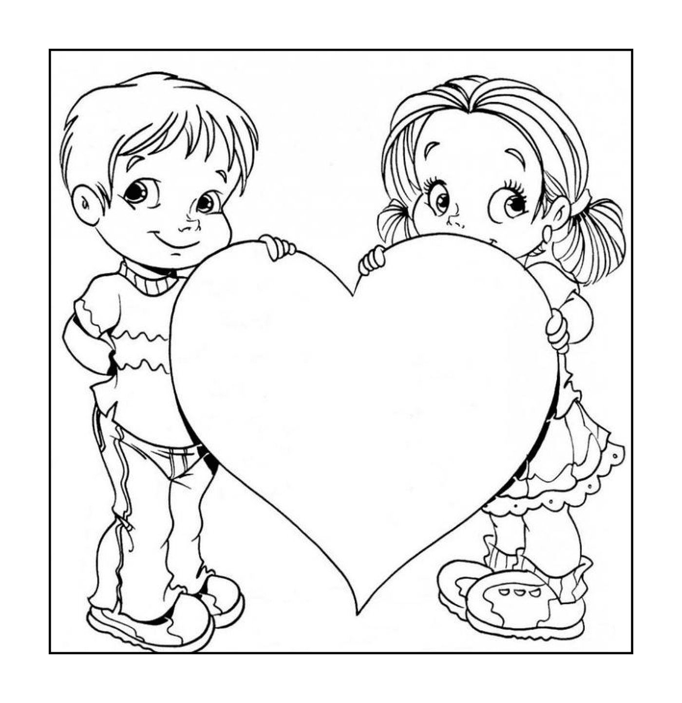  Um menino e uma menina segurando um grande coração 