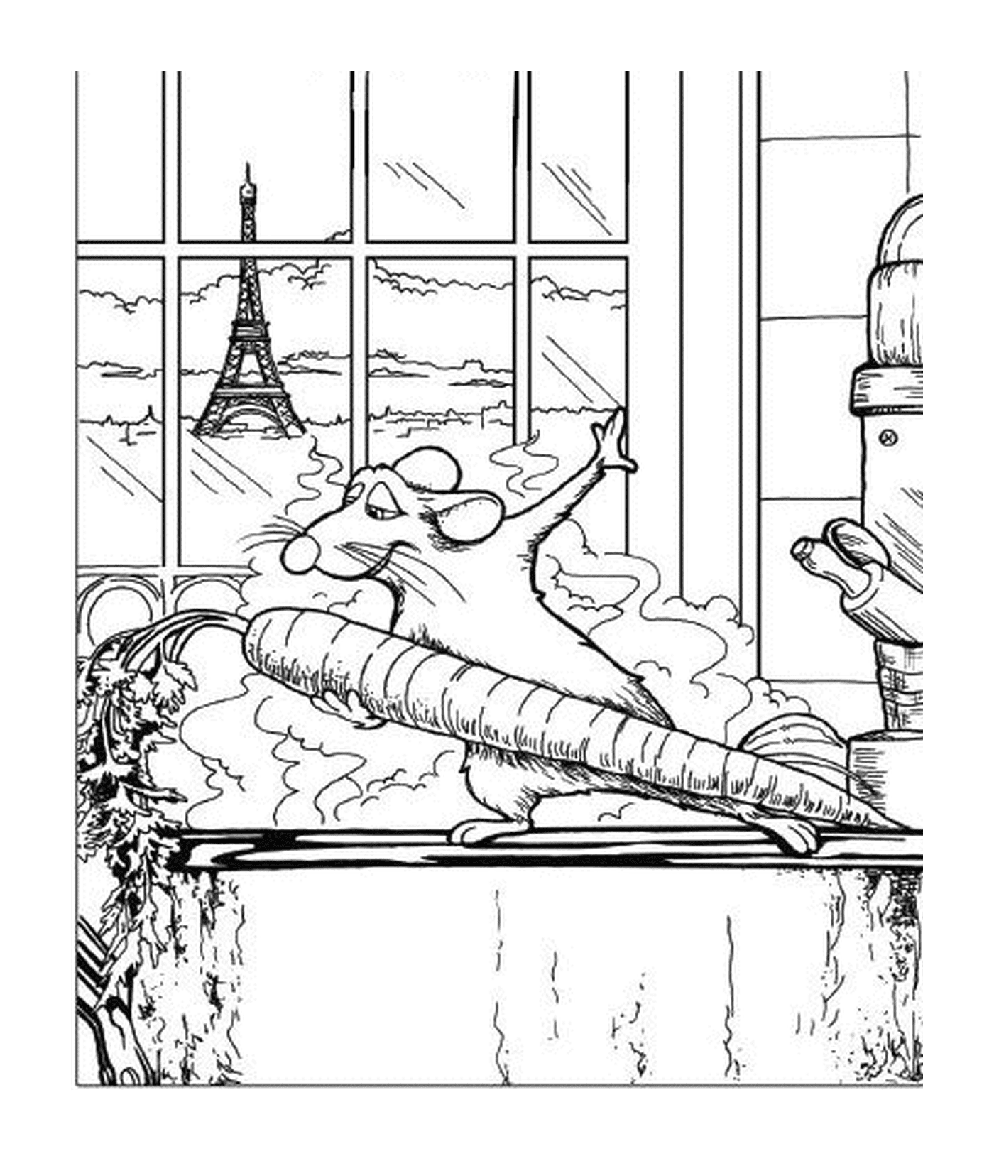  Um rato segurando uma cenoura na frente da Torre Eiffel 