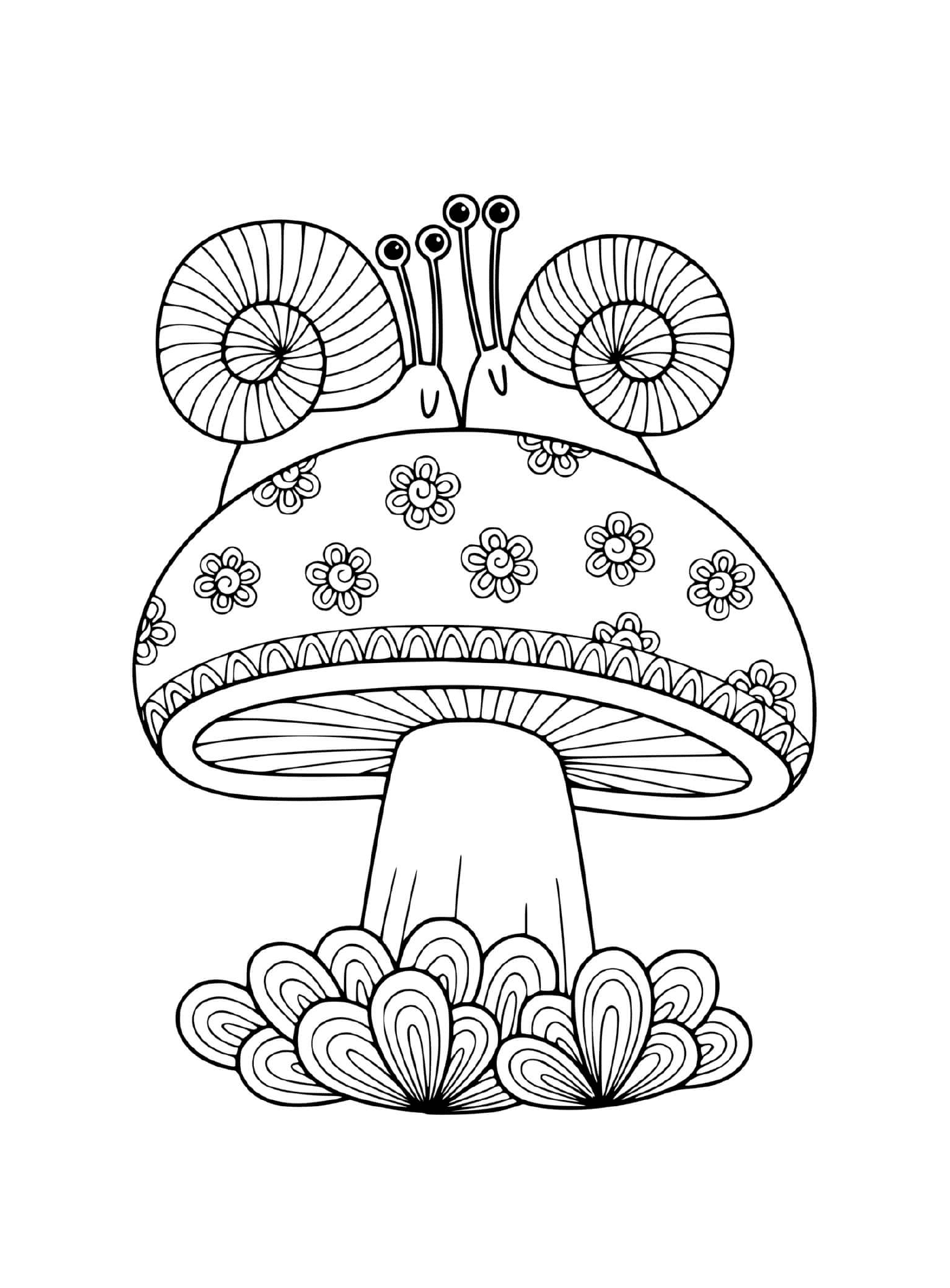  由两只蜗牛包围的成人蘑菇 