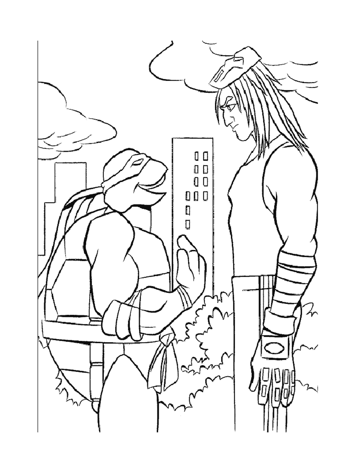  Tartaruga ninja conversando com um homem 