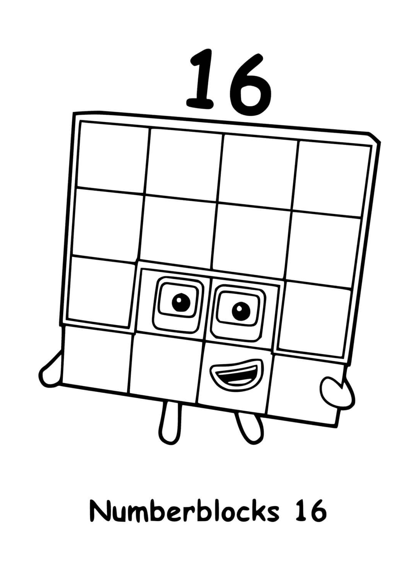 Numberblocks número 16, ao quadrado com quadrados 