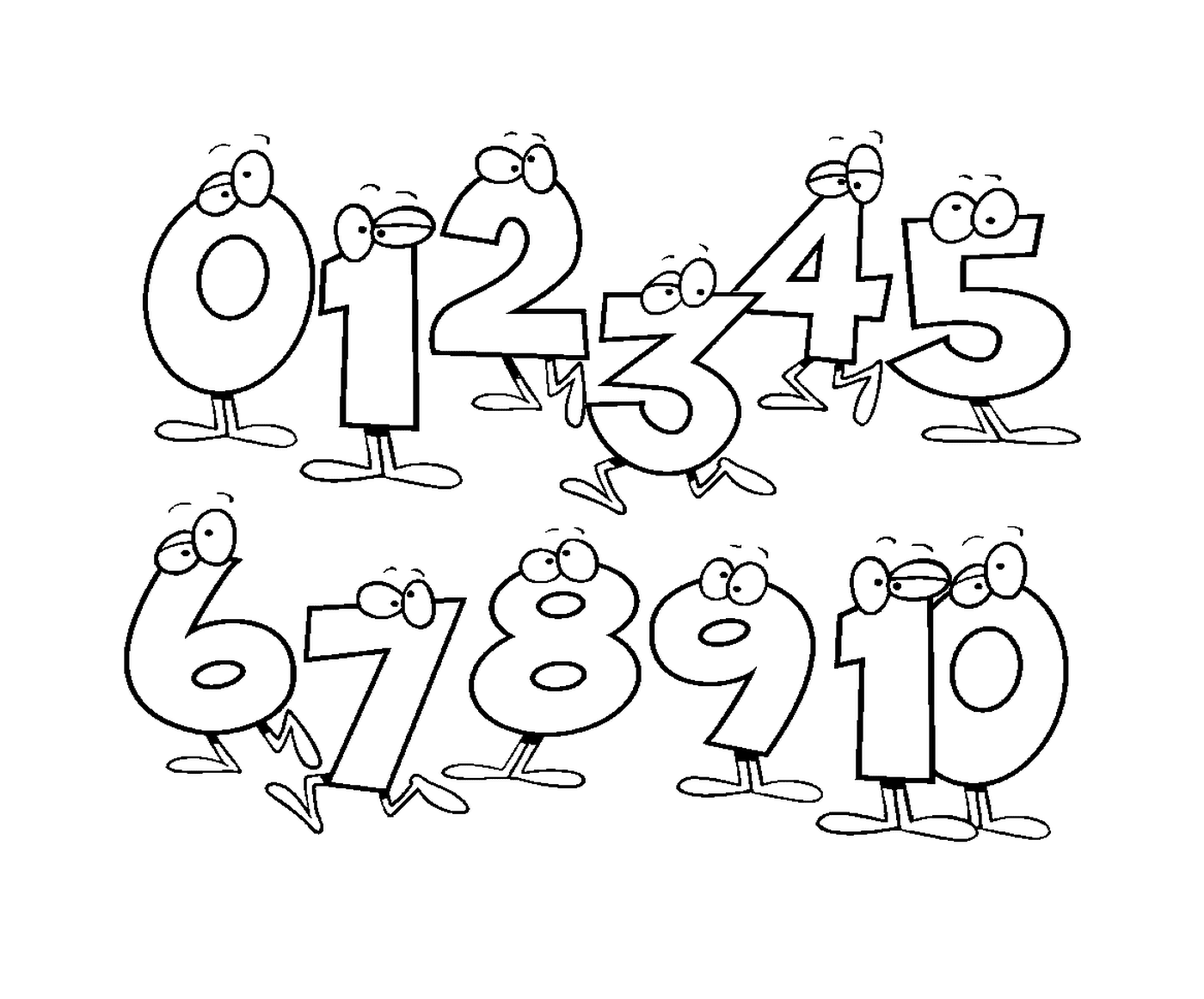  Conjunto de números desenhados caricaturalmente de zero a dez 