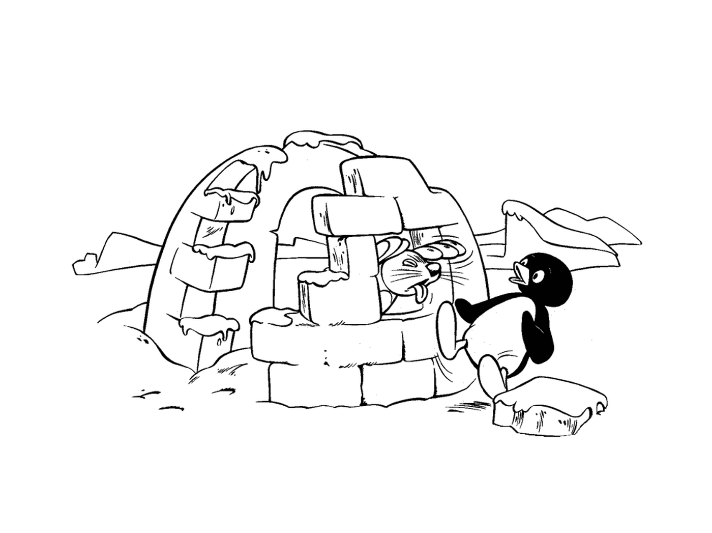  Pingu 靠近一个印有印章的冰屋 
