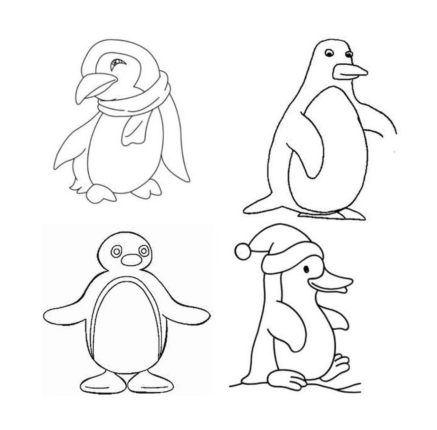  Quatro pinguins diferentes em desenho 