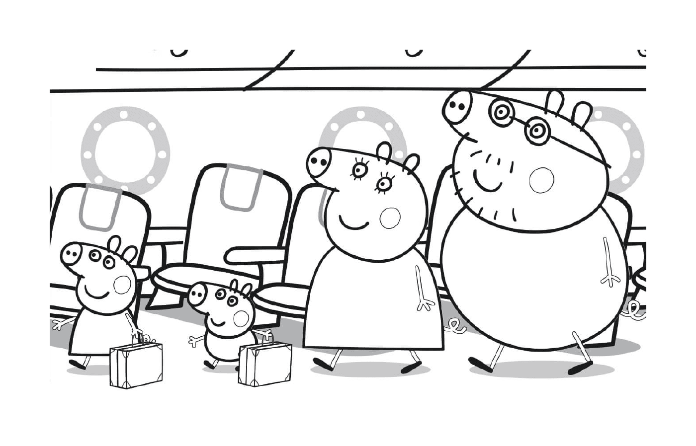 Peppa Pippa Pig和他的家人前往飞机上他们的座位 