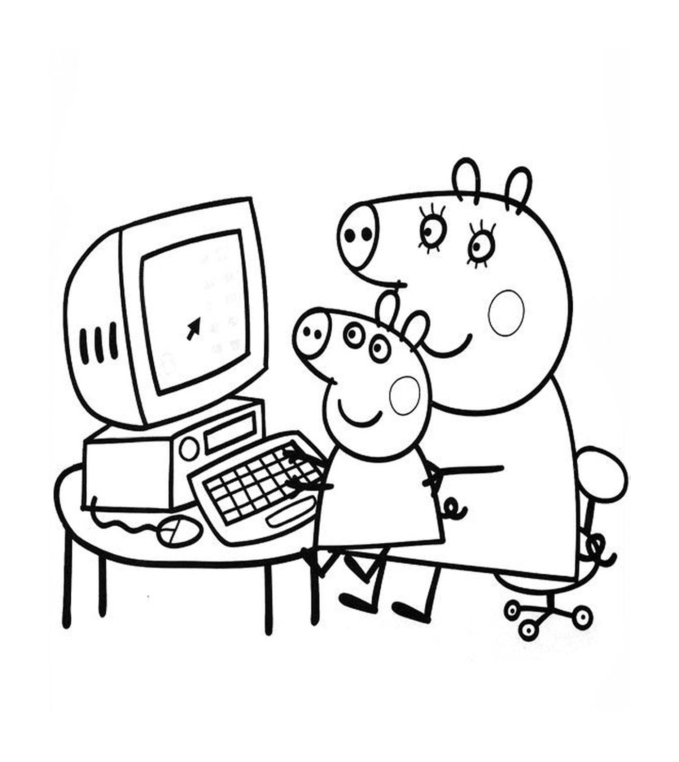  Peppa Pig和他父亲在电脑上 