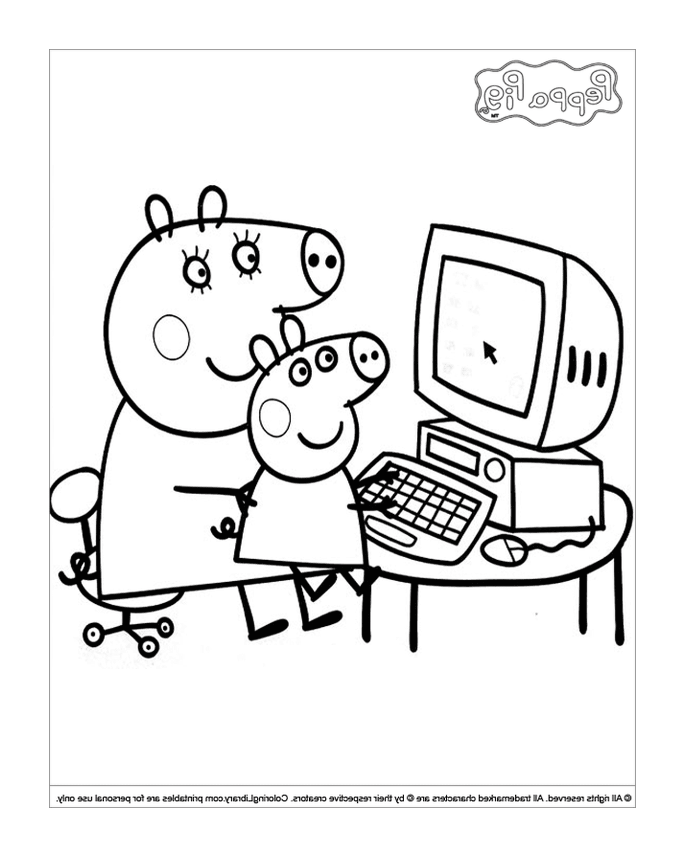  Peppa Pig和他父亲在电脑上 