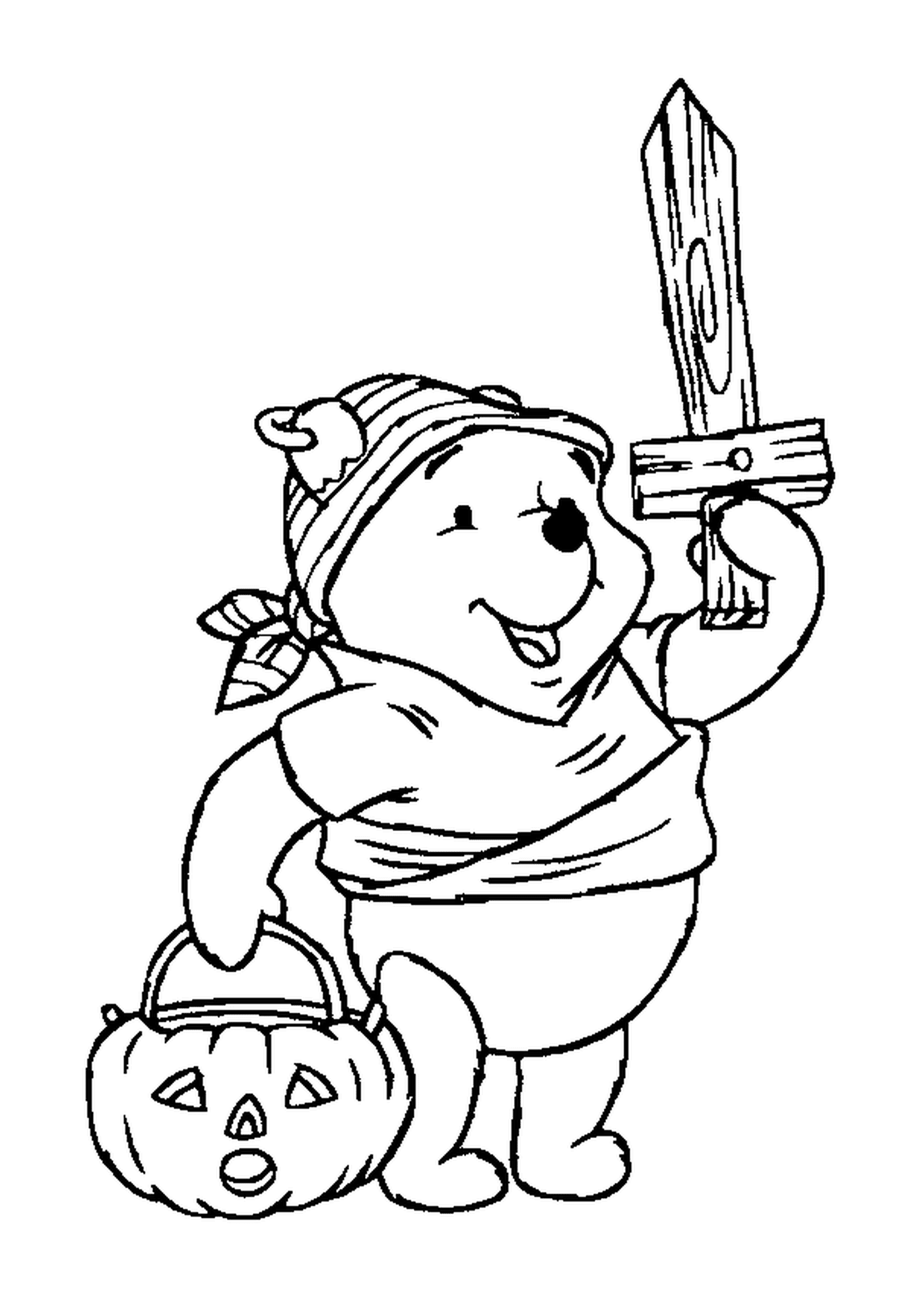  Winnie disfarçado de pirata com um saco de abóbora 