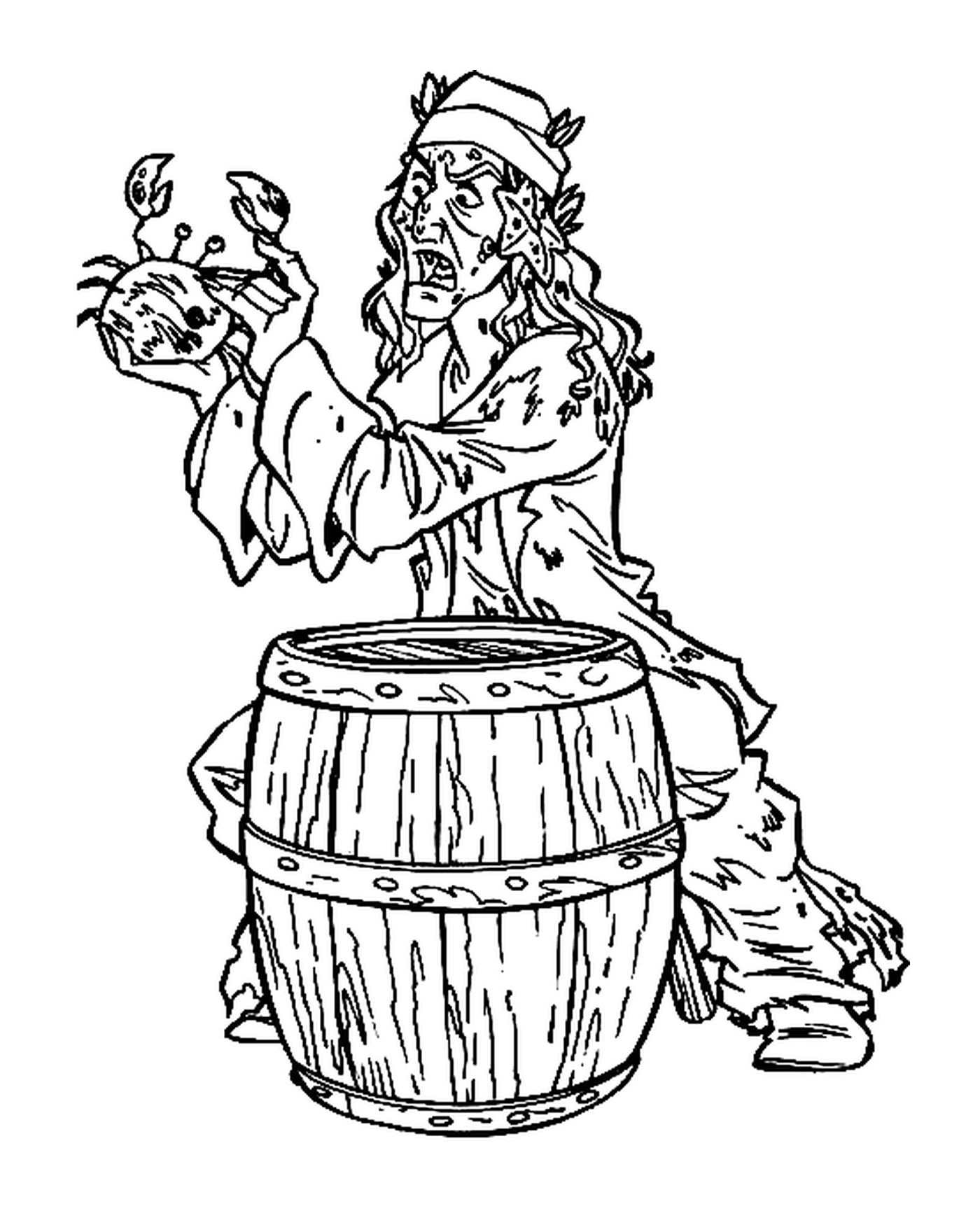  Um pirata amaldiçoado segurando um caranguejo atrás de um barril 