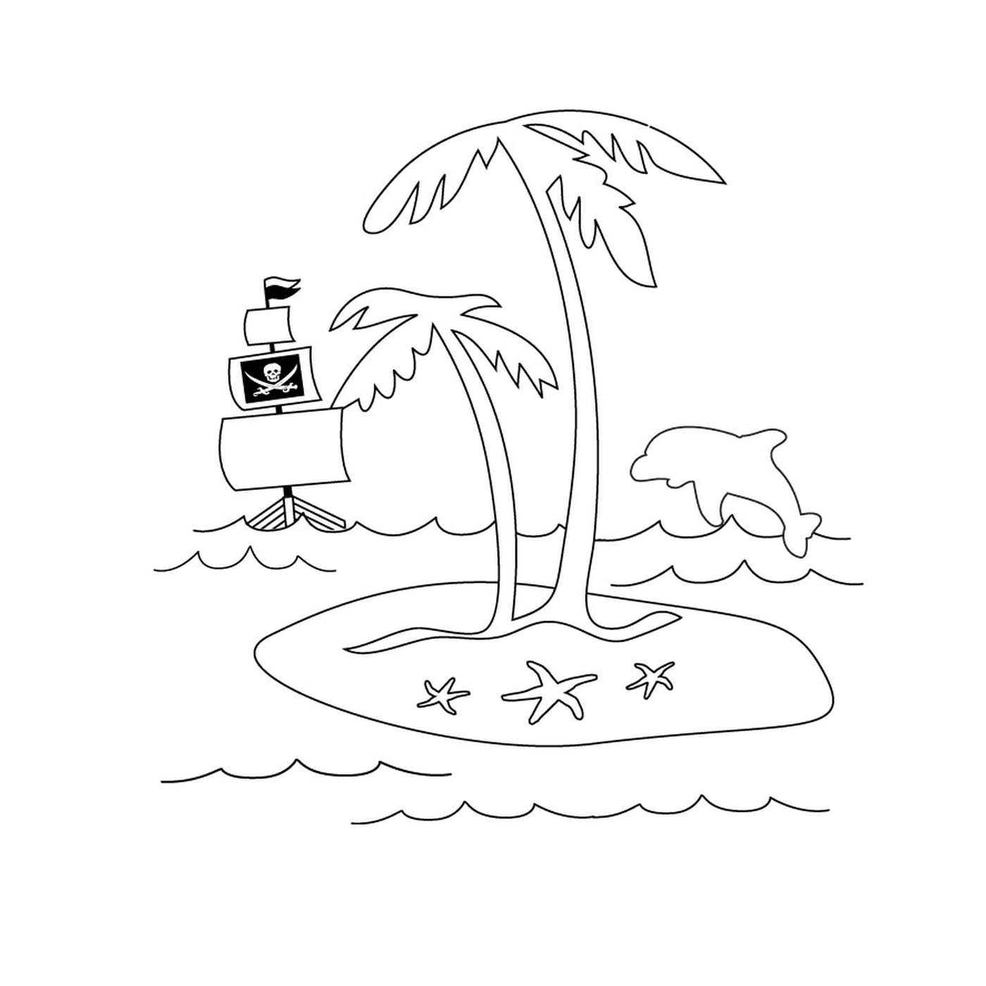  拥有棕榈树和船的海盗岛屿 