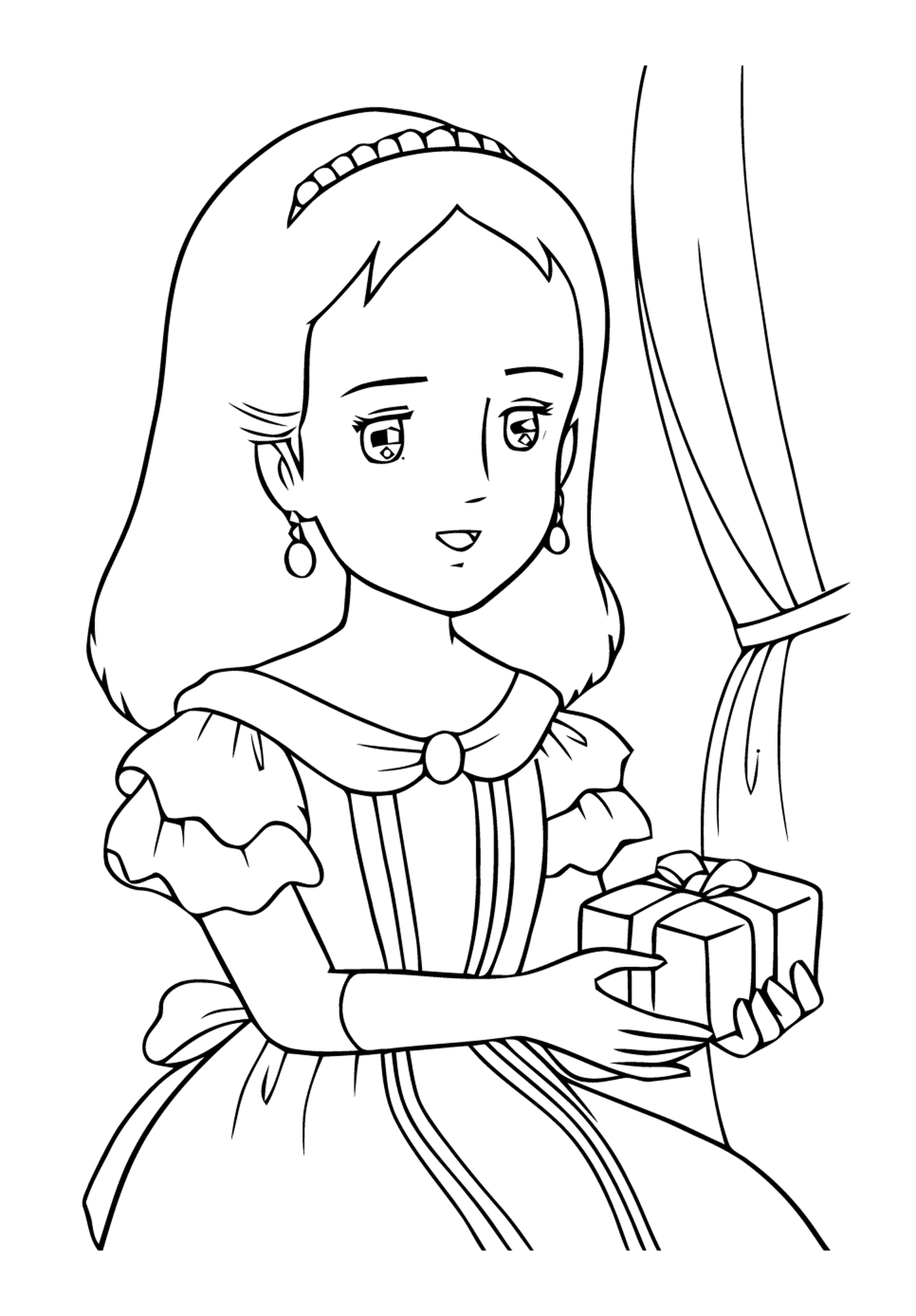  Princesa Disney, uma menina segurando um presente 
