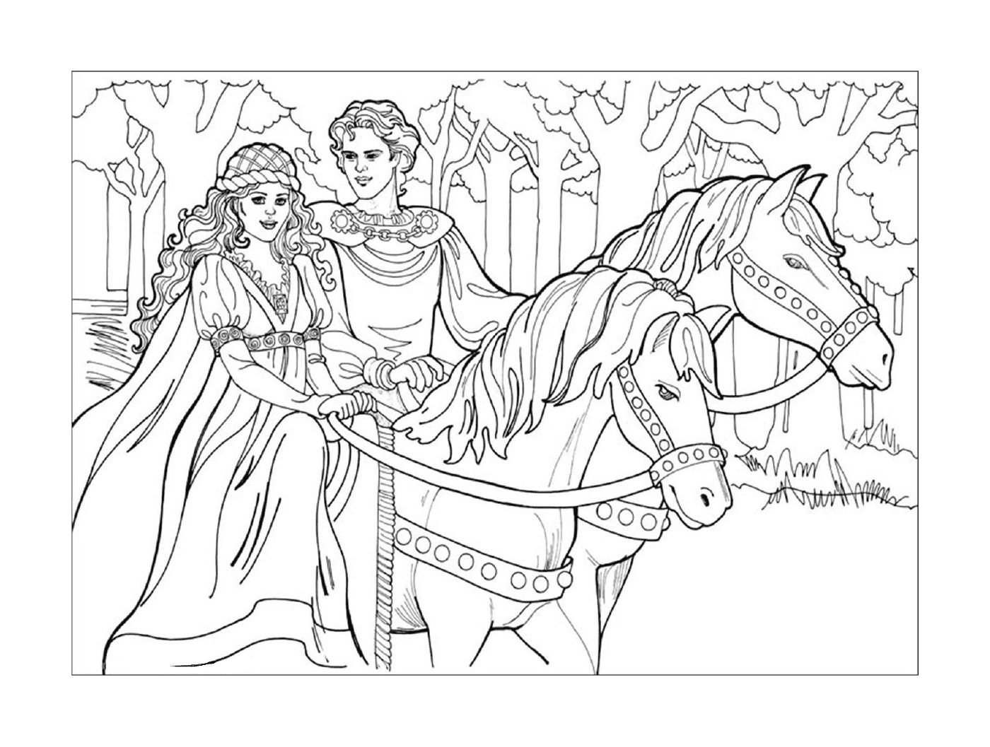  Princesa Disney, um casal em uma carruagem puxada por cavalos 