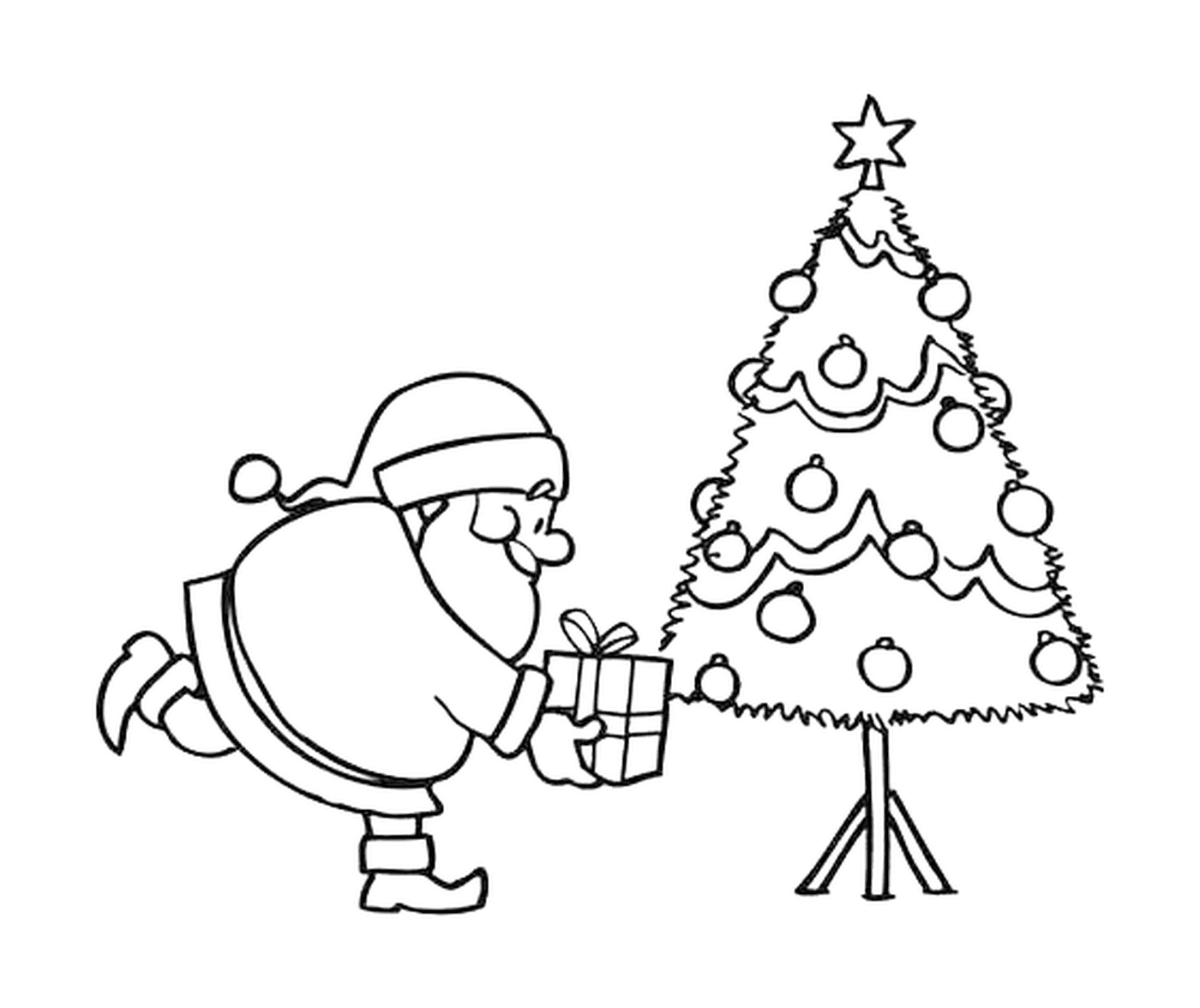  um Papai Noel que coloca um presente ao pé da árvore de Natal 