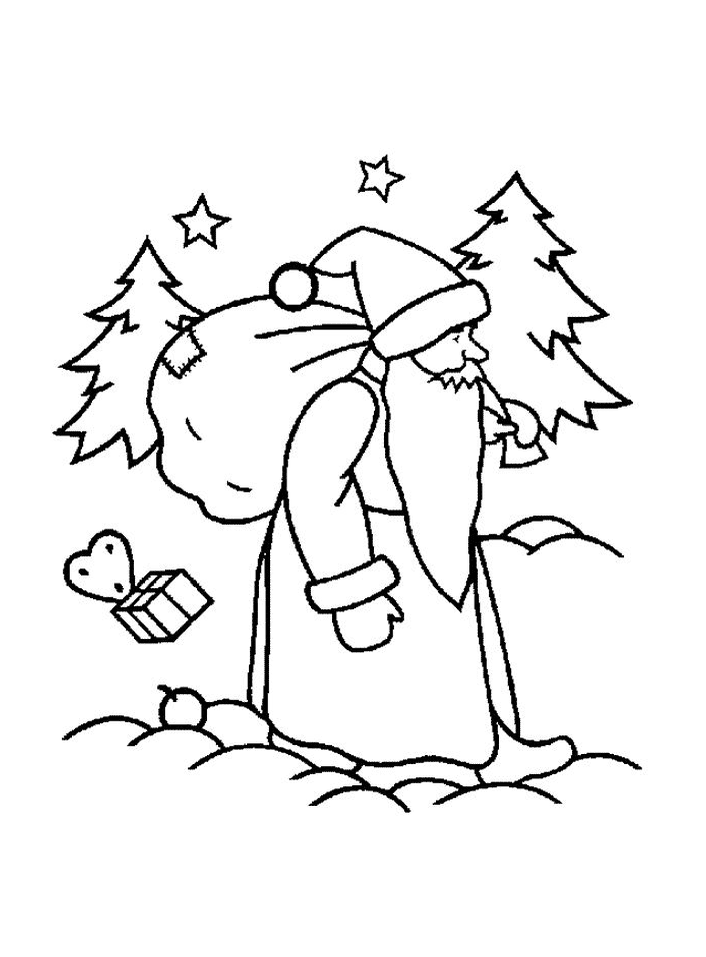  Santa caminhando para uma árvore 