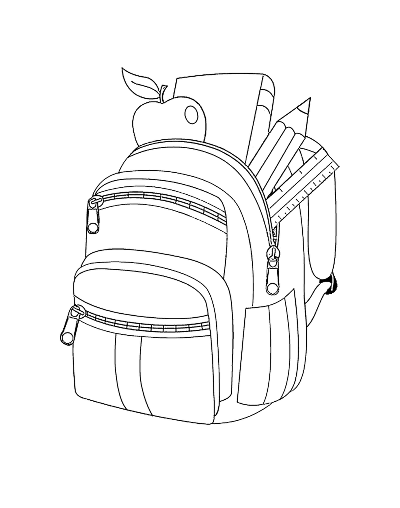  Uma mochila com lápis e uma maçã 