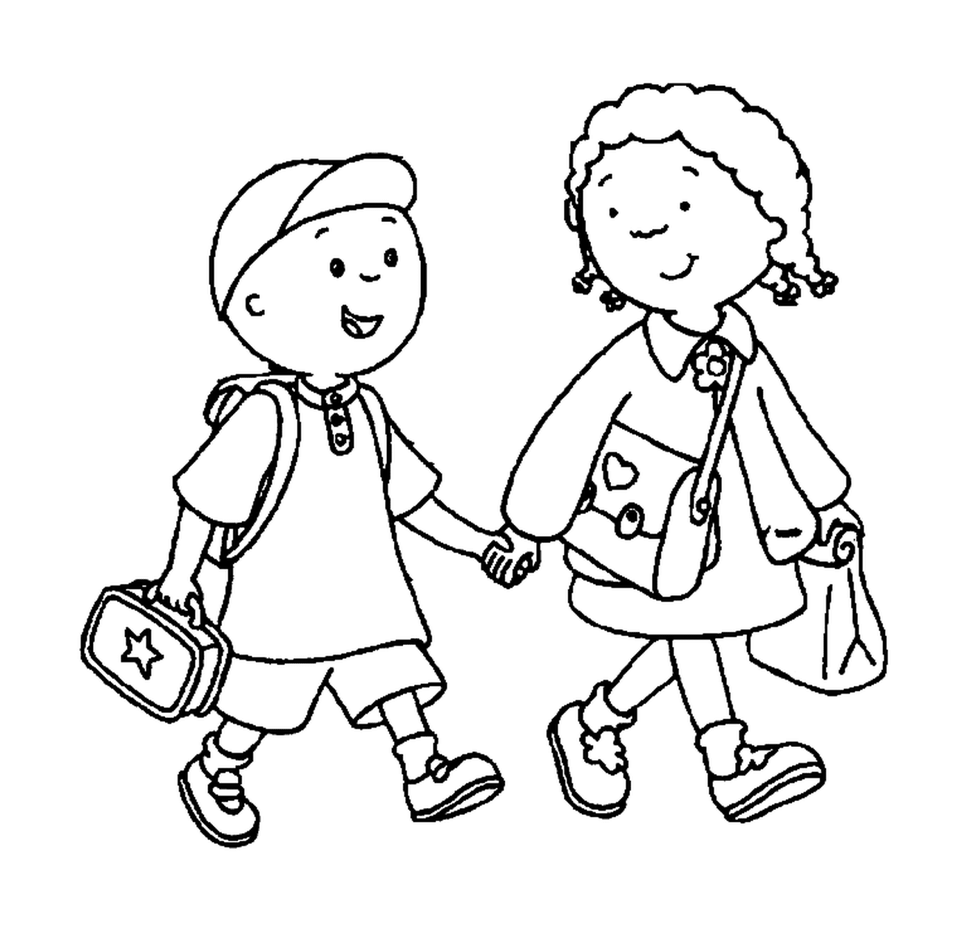  Um irmão e uma irmã de mãos dadas para ir à escola 